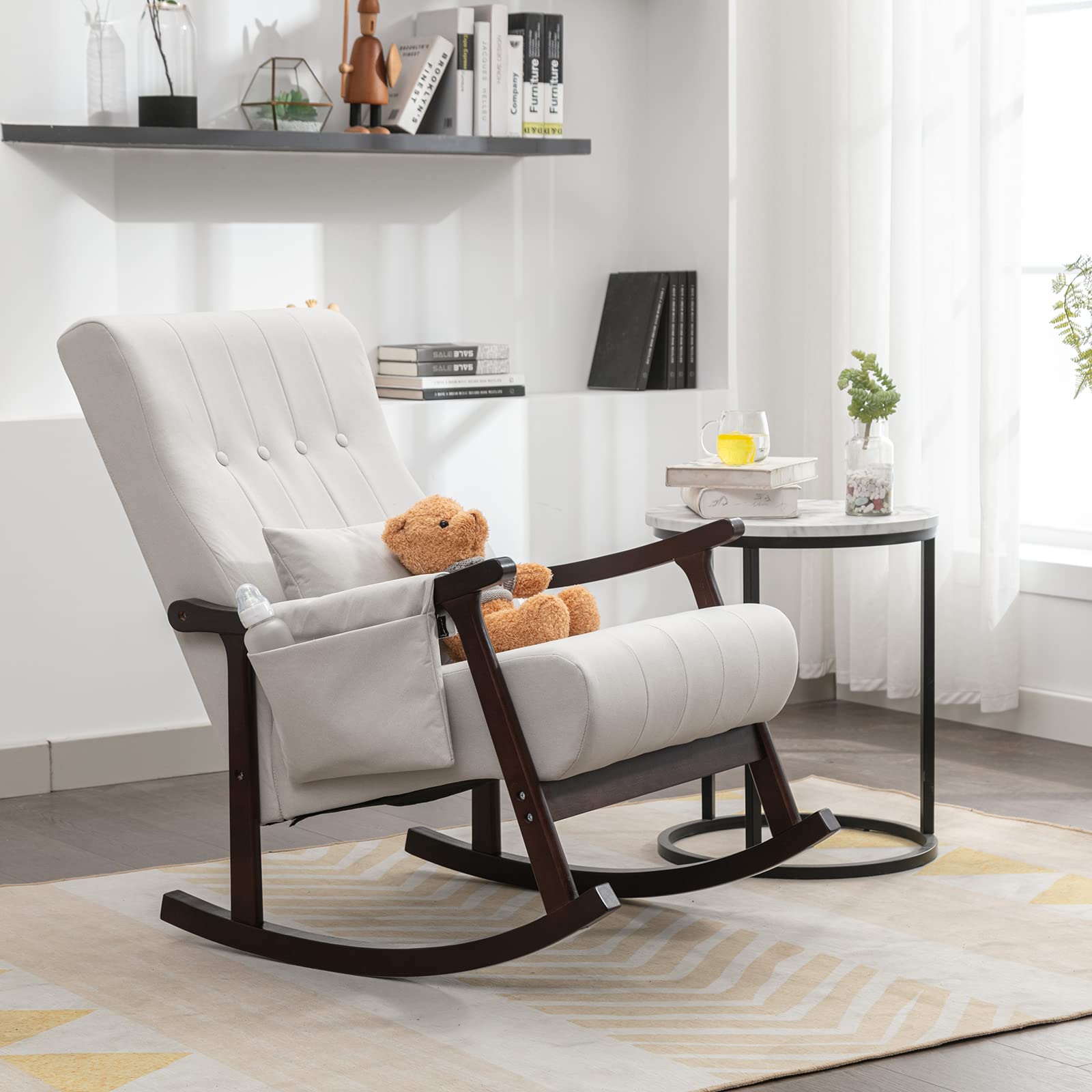 **High Back Rocking Glider Chair for Nursery - Light Gray Tufted Nursing Chair with Side Pocket & Lumbar Pillow - Comfortable Rocker for Moms, Baby Room, Living Room Accent - Perfect Gift for New Parents**    *(Ideal for breastfeeding, nursery relaxation, or stylish living room seating)*