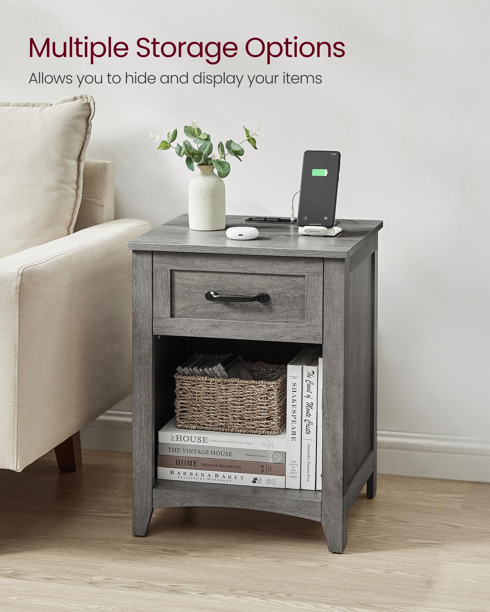 VASAGLE Farmhouse Nightstand with USB Charging Station, Bedside Table with Drawer & Open Shelf, Storage Side Table for Bedroom - Misty Gray | Perfect for Small Spaces, Apartment Living & Guest Rooms