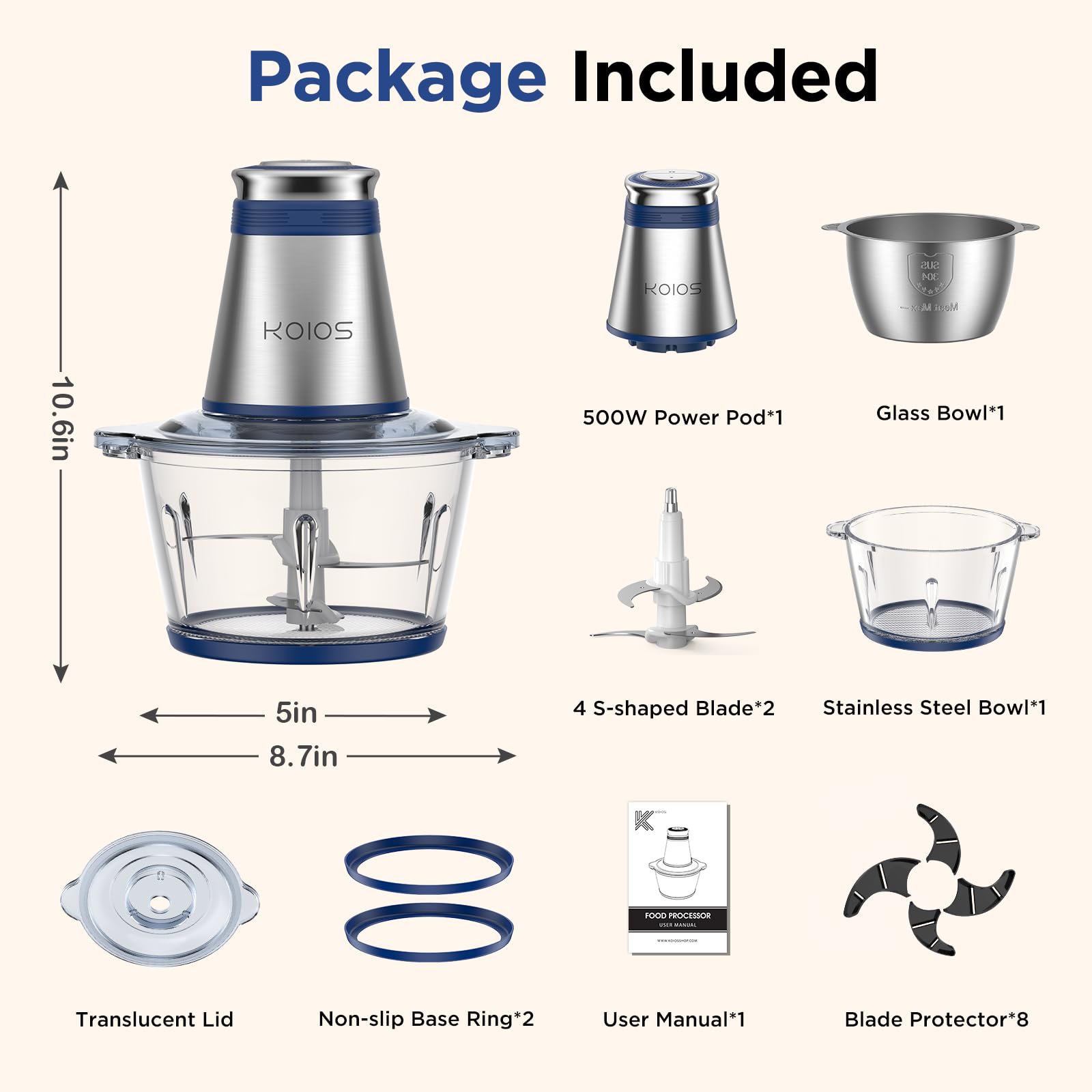 KOIOS 500W Electric Food Processor - 2 Stainless Steel Bowls (8 Cup + 8 Cup) & Dual Blades - Powerful Meat Grinder, Nut Chopper for Garlic, Onion, Baby Food - Perfect for Meal Prep, Cooking & Baking (Blue)