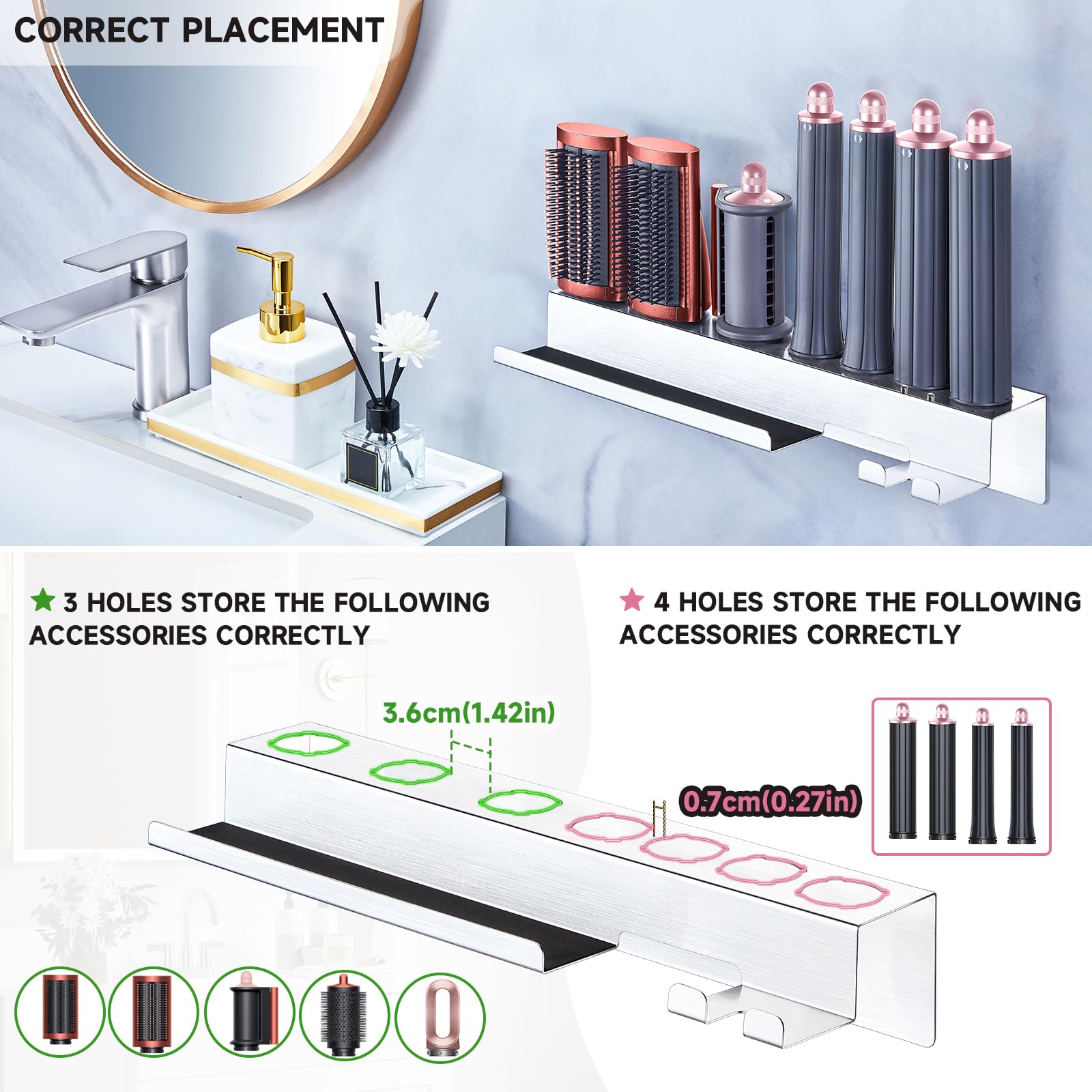 **Wall Mount Hair Dryer & Curling Iron Holder - 7-in-1 Stainless Steel Organizer for Styler Attachments & Hair Tools - Perfect for Bathroom, Salon & Home Storage**