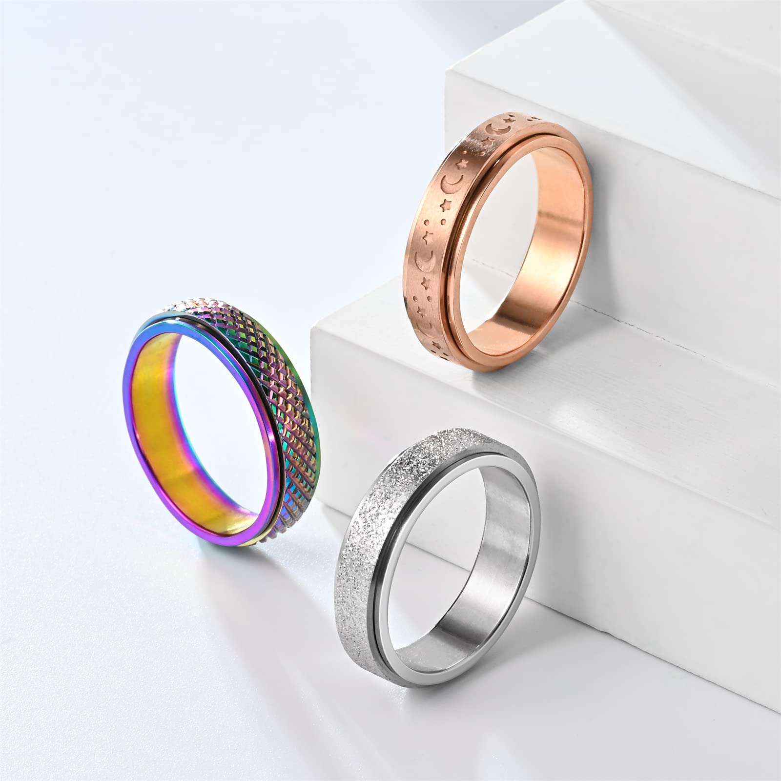 Anxiety Relief Spinner Rings for Women - 4Pcs 6MM Titanium Steel Fidget Rings for Stress & Anxiety (Size 5-12) - Perfect for Office, Travel & Daily Stress Management