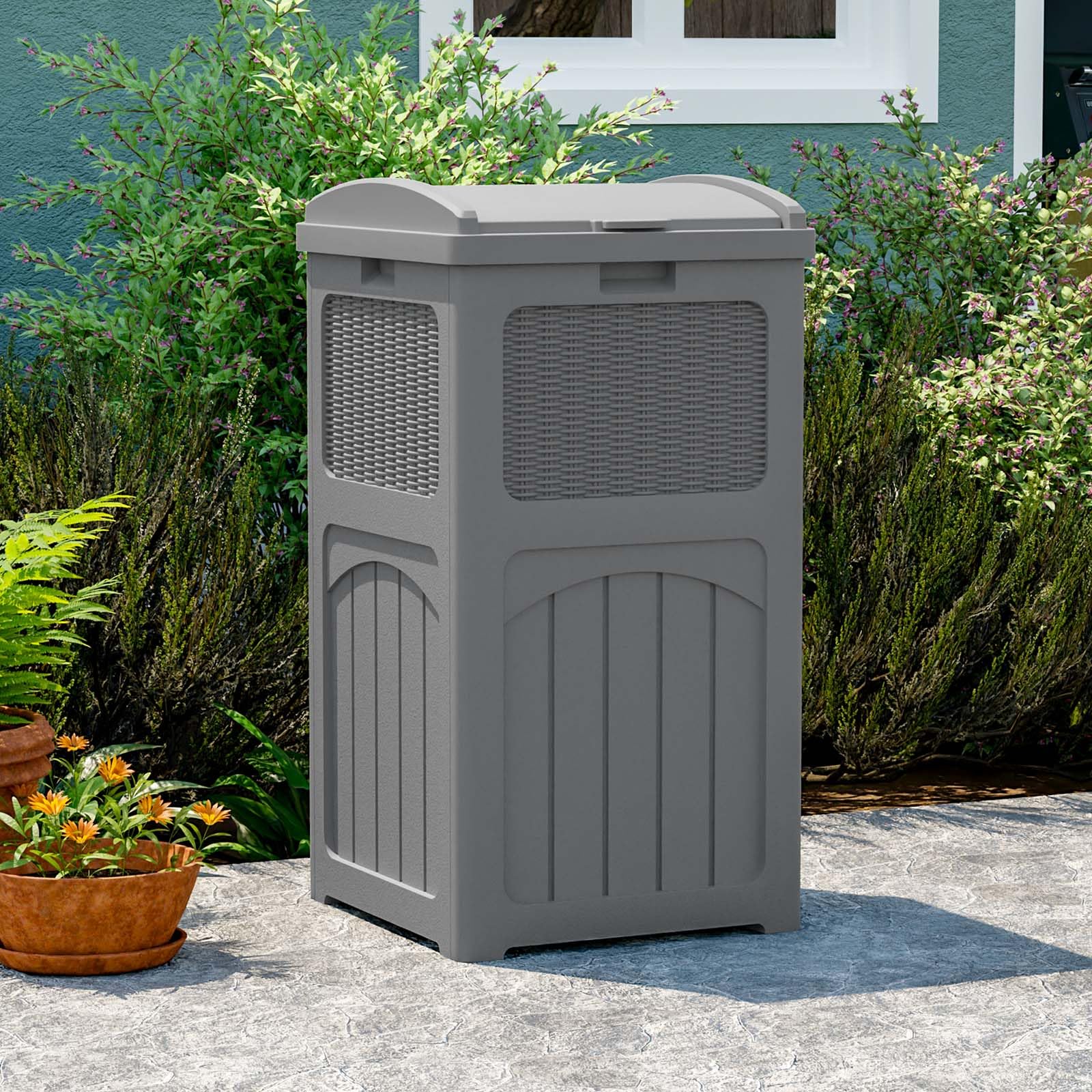 **Patiowell 36 Gallon Outdoor Trash Can with Lid – Durable Resin Garbage Bin for Patio, Backyard, Deck – Weatherproof & Heavy-Duty – Ideal for Outdoor Waste Disposal (Gray)**    *(Perfect for BBQs, Poolside, Garden, and Camping – Keeps Your Space Clean & Organized)*