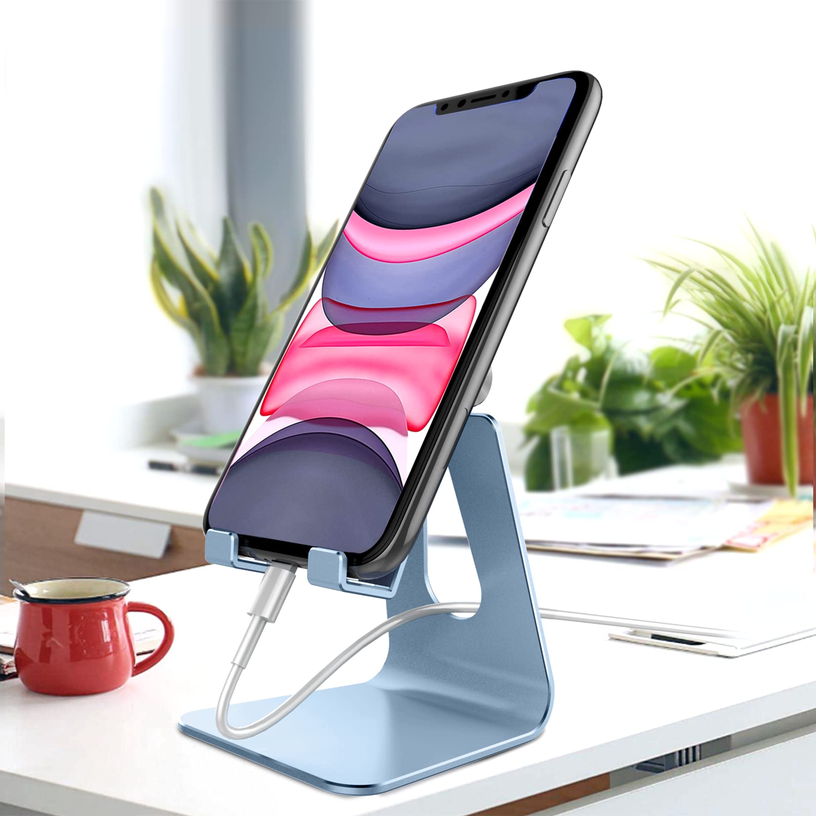 Premium Adjustable Aluminum Phone Stand Holder for iPhone SE/12/13/14/15 Pro/XS Max/XR/Plus/Mini & Samsung Galaxy S20/S10/S9/S8 - Sierra Blue - Perfect for Desk, Bedside, Office & Video Calls