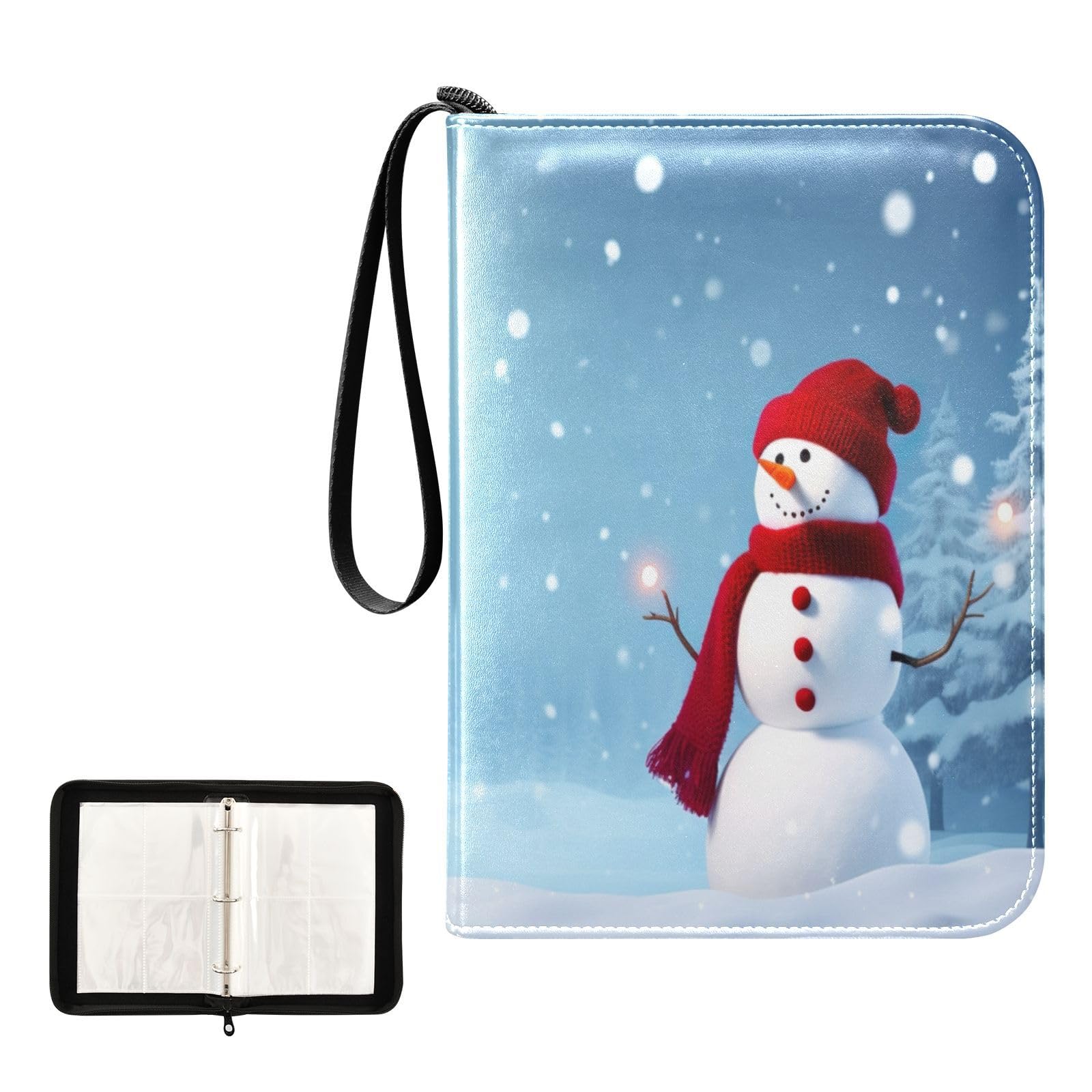 Snowman Christmas Card Binder - 4 Pocket Trading Card Holder with 50 Sleeves, Holds 400 Cards, 3-Ring Zip Album for Collectors | Perfect for Holiday Gifts, Card Trading & Storage