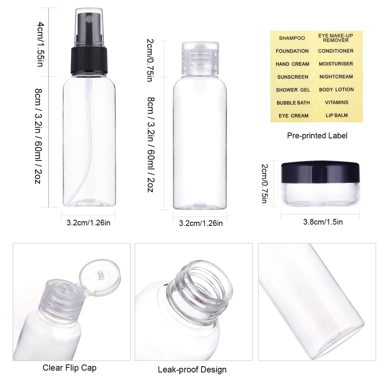 TSA Approved Travel Bottles Kit - 4 Pack Leak Proof Refillable Plastic Containers for Toiletries & Liquids with Clear Quartz Size Bag | Perfect for Air Travel, Gym, Camping & Daily Essentials Organization