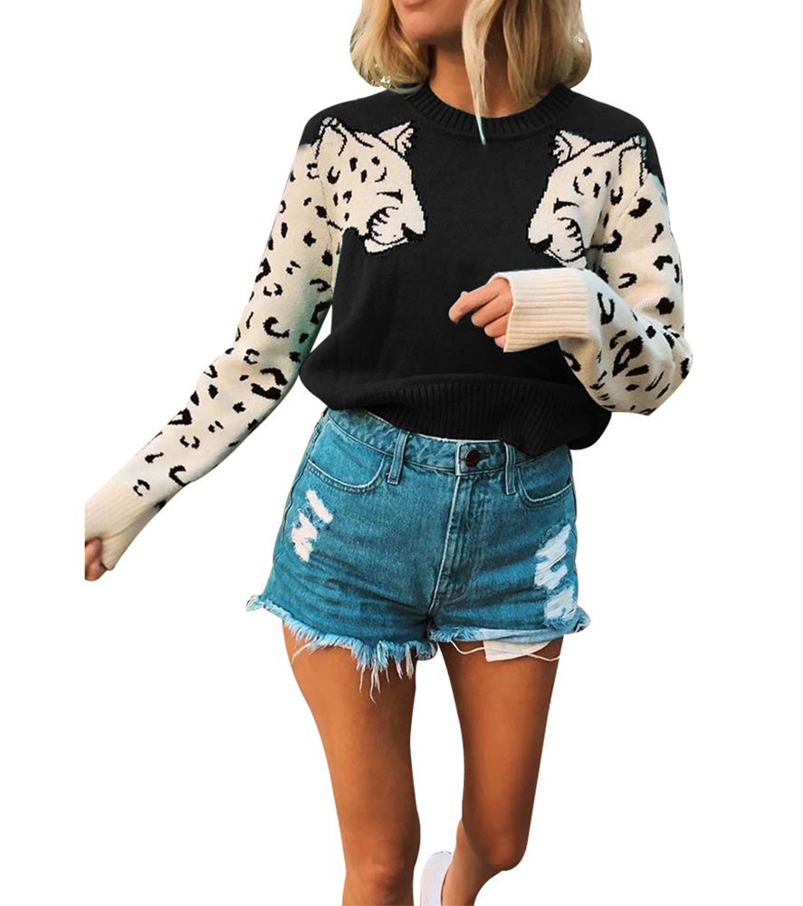 OLUOLIN Women's Tiger Leopard Print Sweater - Casual Long Sleeve Knit Pullover Cropped Top for Fall/Winter Fashion | Perfect for Office, Date Night & Holiday Outfits
