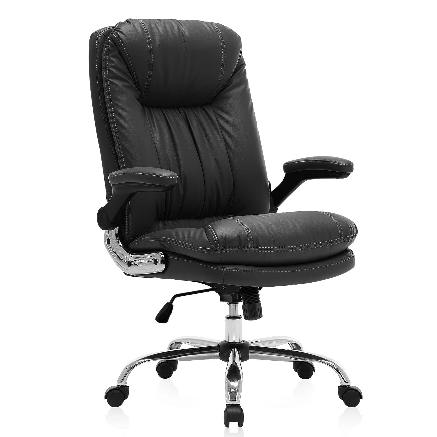 KERMS Big and Tall Executive Office Chair - High Back Leather Desk Chair with Lumbar Support, Flip-Up Arms & Height Adjustment - Black - Perfect for Home Office, Gaming & Workspace Ergonomics
