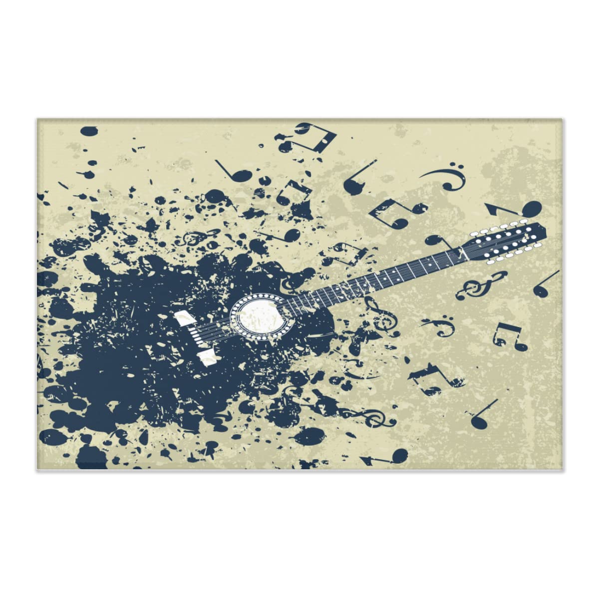 72x48 Inch Acoustic Guitar Non-Slip Floor Mat - Soft Flannel Fabric with Absorbent Backing - Retro Music Notes Design for Kitchen, Bathroom, Game Room & Pet Area - Waterproof Shower Mat & Door Mat for Home Decor