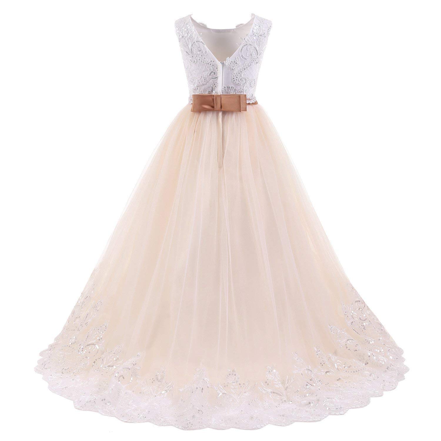 Ivory Long Lace Flower Girl Dresses for Weddings - Champagne Party Dress for Special Occasions, Birthday Celebrations & Formal Events