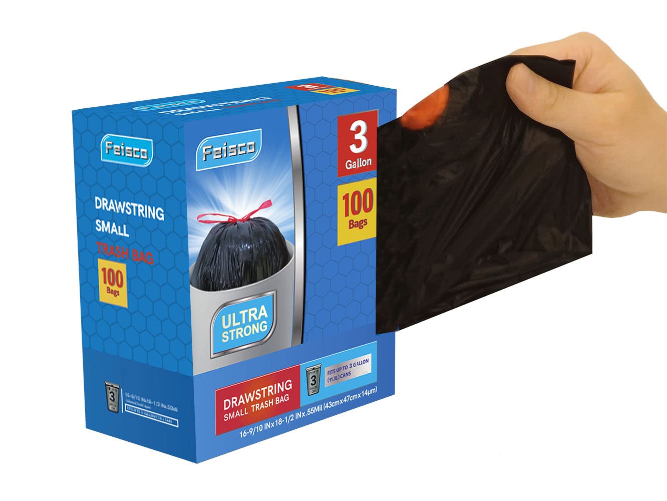 Feisco 3 Gallon Black Trash Bags - Small Drawstring Garbage Bags for Bathroom, Office & Kitchen - 100 Count (0.55 Mil Thick) - Perfect for Small Trash Cans, Diaper Pails & Wastebaskets