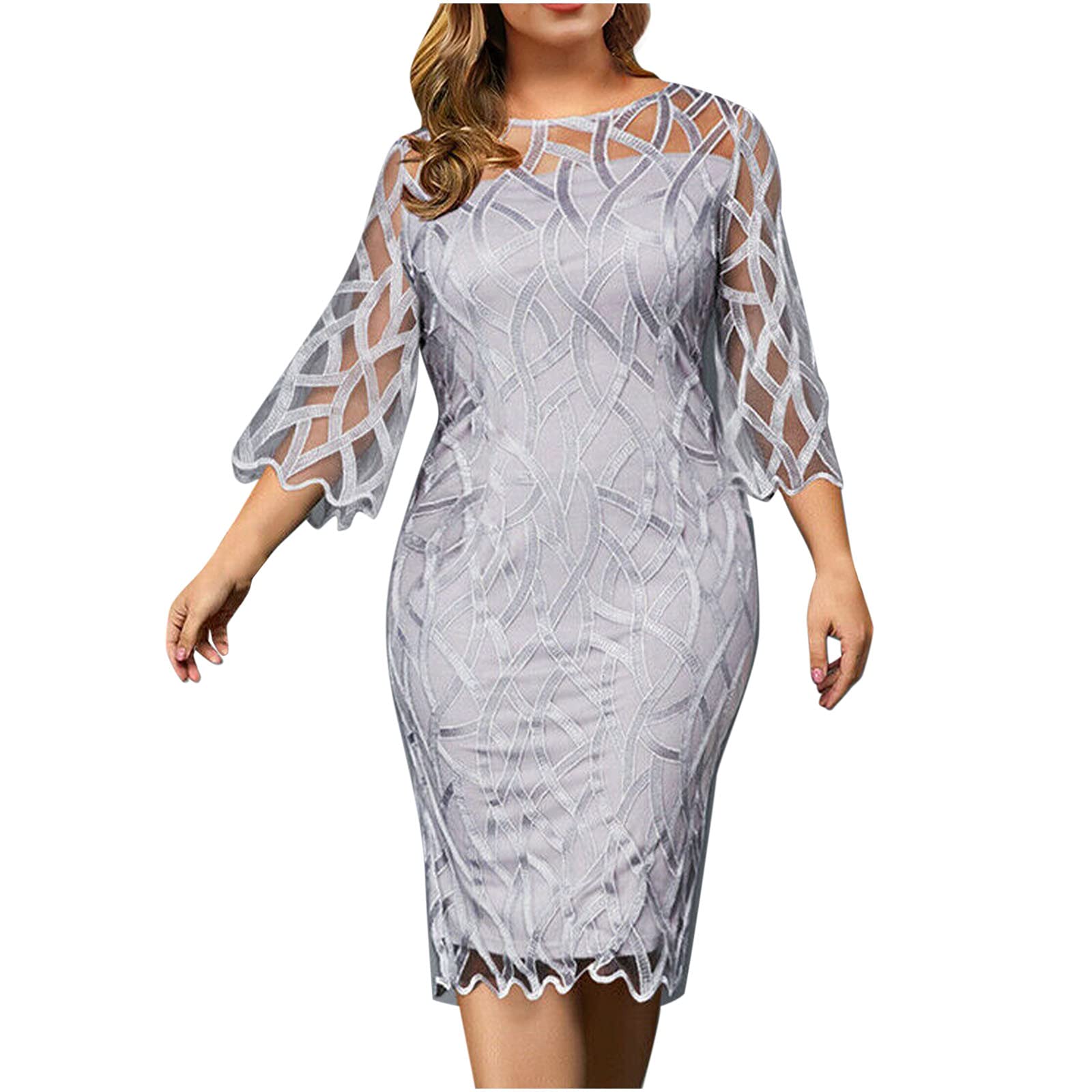 Bidobibo Women's Holiday Party Bodycon Dress - Silver Mesh Sleeve Midi Dress for Plus Size & Curvy Women | Perfect for Christmas, New Year's Eve & Cocktail Parties