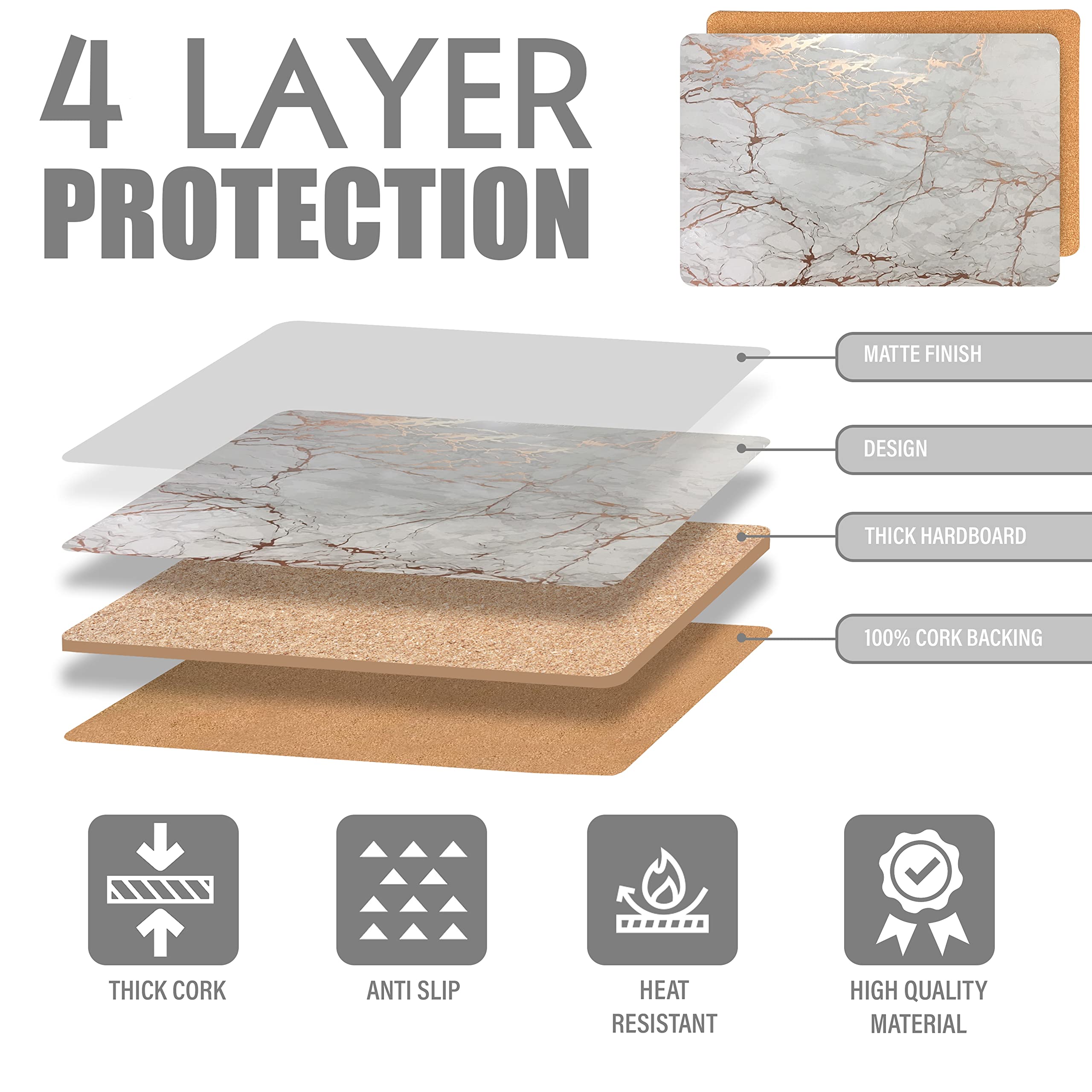 Elegant Rose Gold Marble Rectangle Cork Placemats Set of 8 - Heat Resistant, Non-Slip & Easy Clean Dining Table Mats (12