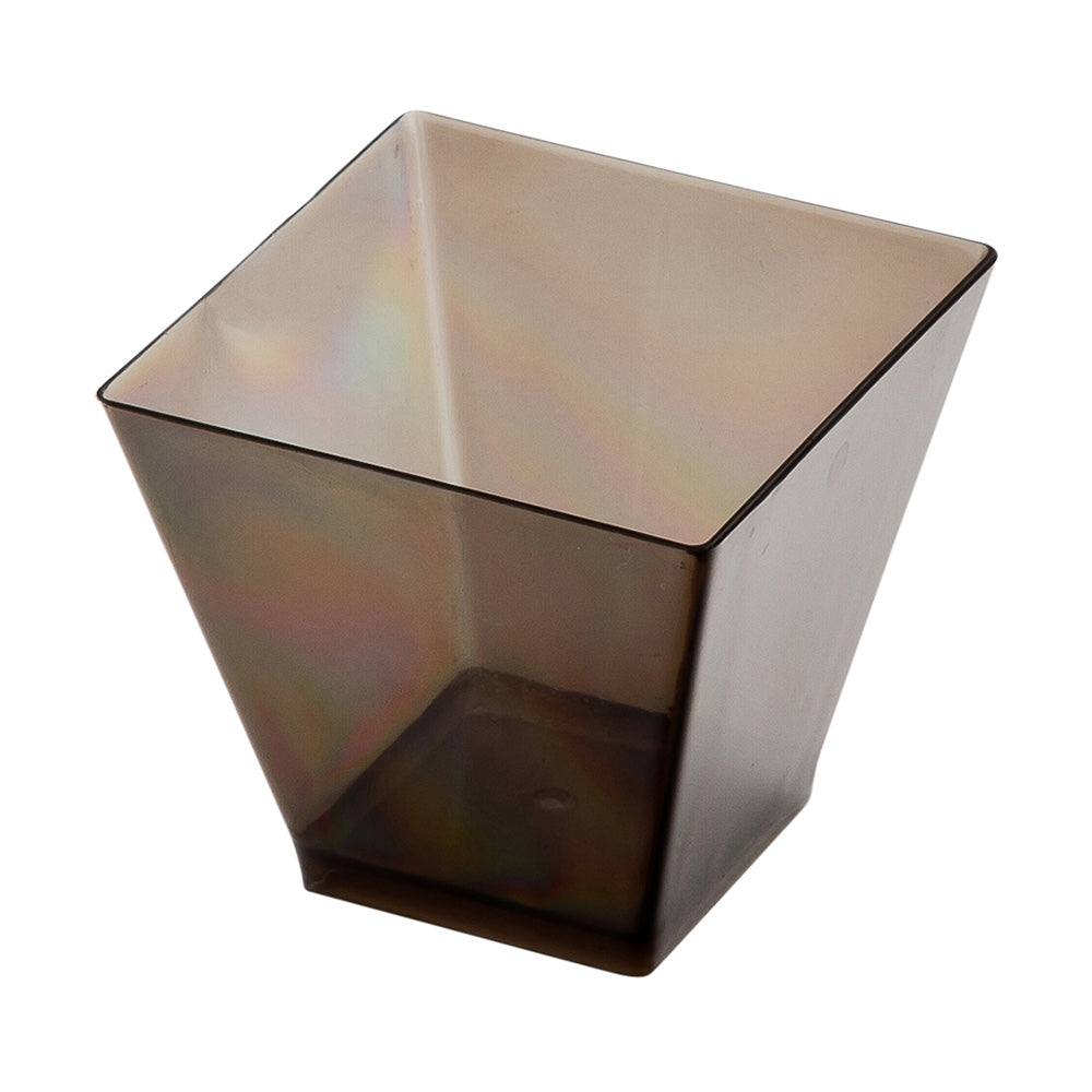 100 Pack 2 oz Square Smoked Gray Plastic Mini Kova Cups with 100 Silver Plastic Mini Forks - Perfect for Party Favors, Wedding Receptions, and Cocktail Events