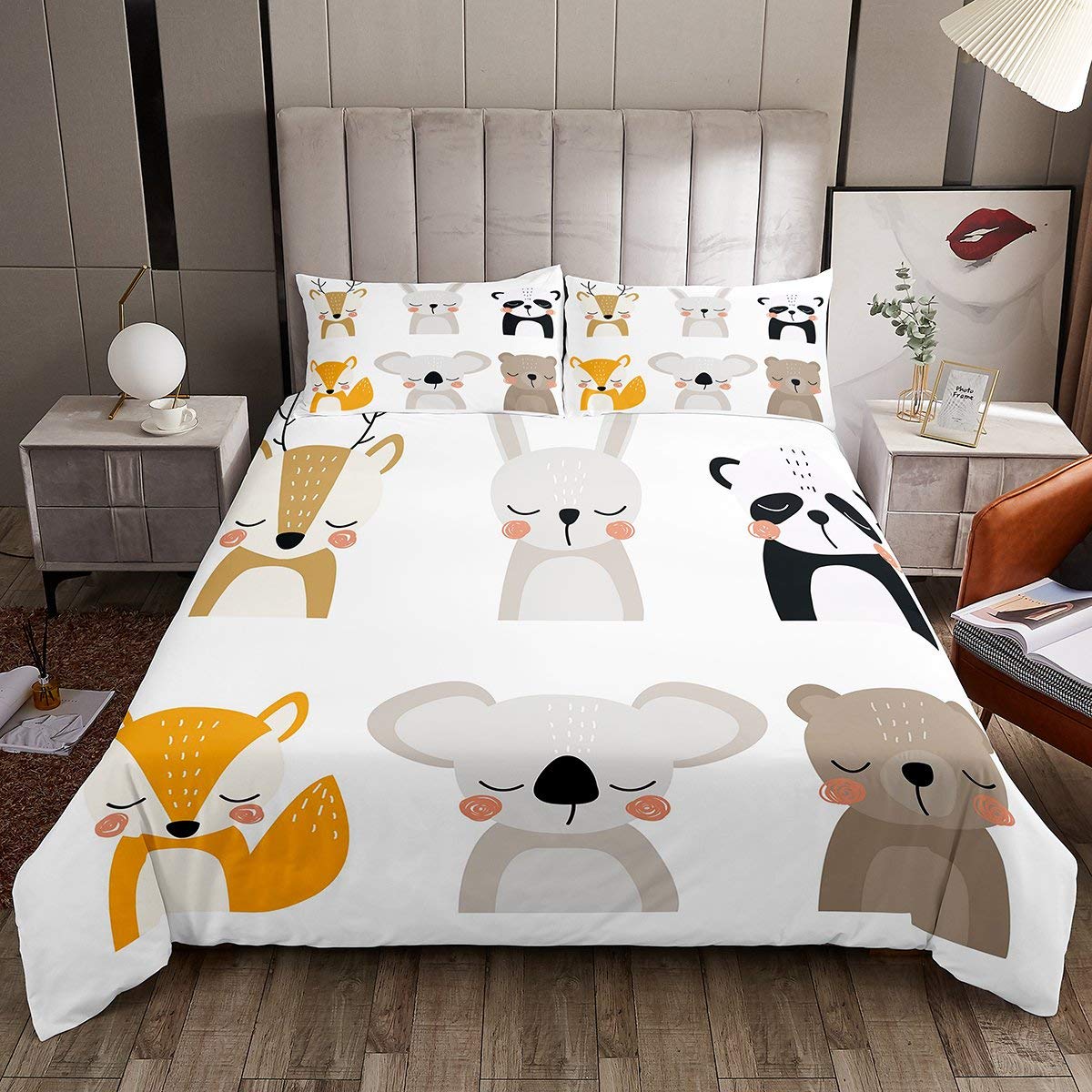 Feelyou Kids Cartoon Bedding Set - Cute Elk Panda Wolf Pattern Duvet Cover & Pillowcase (Twin Size, 2Pcs) | Soft Animal Themed Comforter for Boys & Girls | Perfect for Nursery, Kids Room & Sleepovers