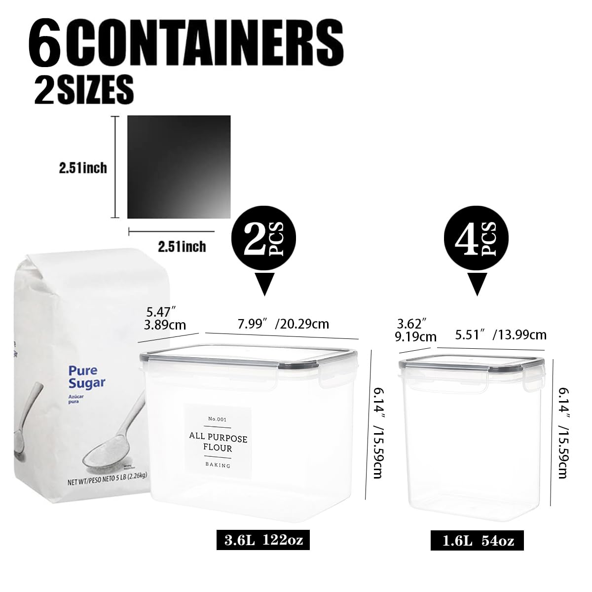 6-Piece Airtight Flour and Sugar Storage Containers Set with 132 Preprinted Pantry Labels - Stackable Plastic Food Canisters with Lids for Kitchen Organization | Perfect for Baking, Meal Prep & Pantry Storage