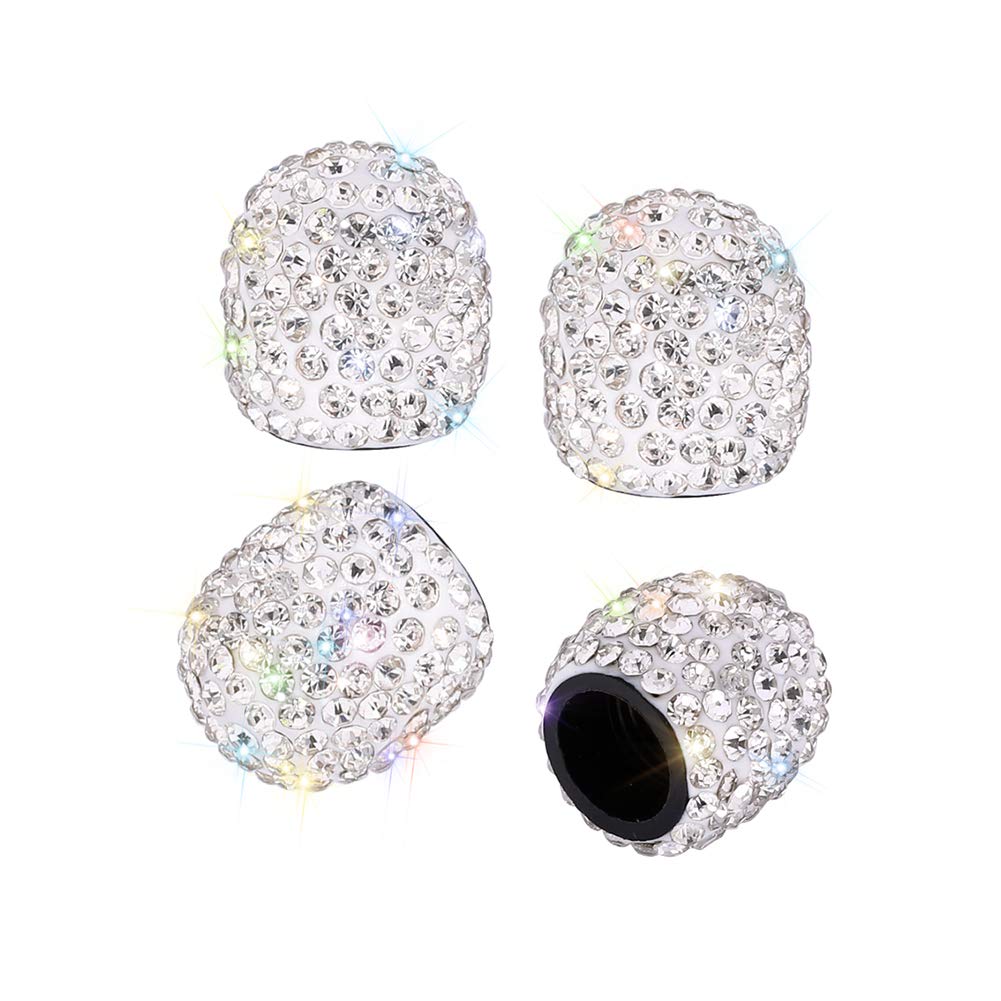 SAVORI 4 Pack Handmade Crystal Rhinestone Tire Valve Caps - Elegant White Dustproof Car Accessories for Wheels, Perfect for Luxury Vehicles & Gift Giving