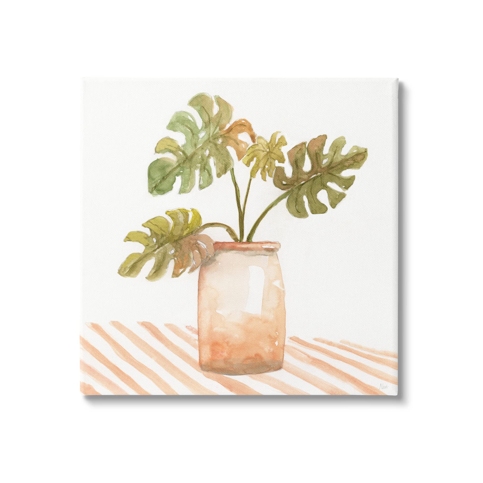 Stupell Industries Monstera Plant Ceramic Glazed Pot with Striped Pattern - Modern Tabletop Planter for Home & Office Decor - Perfect for Indoor Plants, Succulents, and Small Flowers