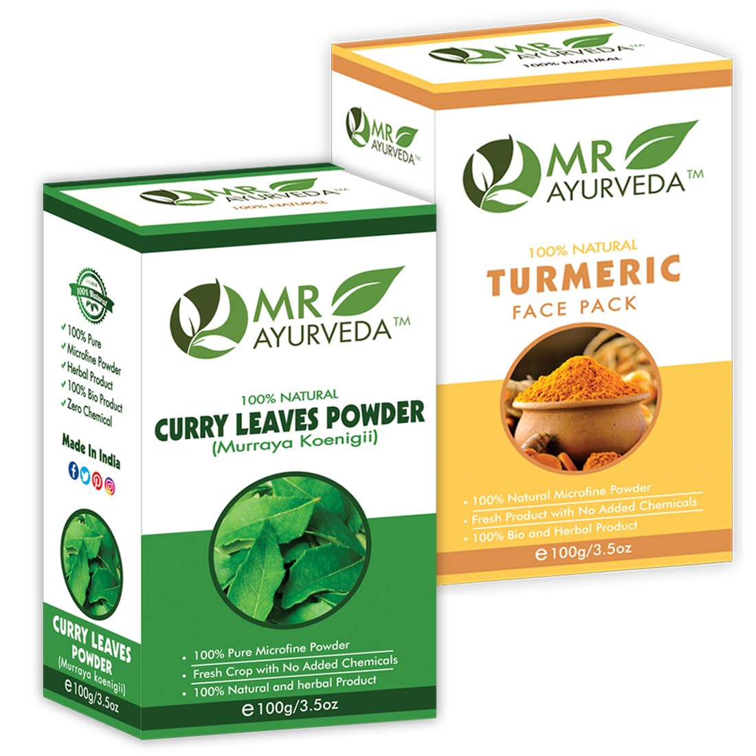 MR Ayurveda Curry Leaves Powder & Turmeric Face Pack Powder Combo (200g) - Natural Skin Brightening & Acne Treatment for Glowing Complexion | DIY Face Mask for Oily & Dry Skin Types