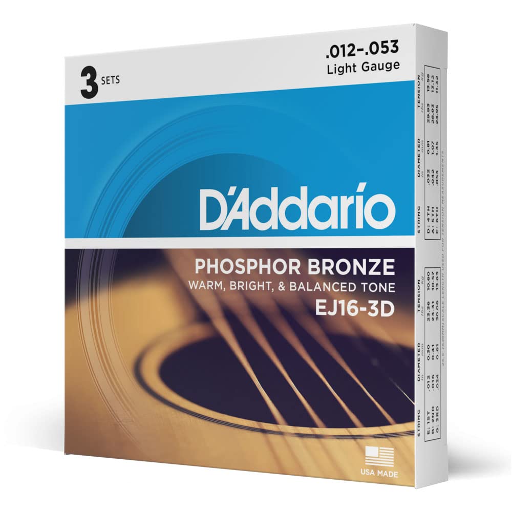 D'Addario EJ16-3D Phosphor Bronze Light Acoustic Guitar Strings (3-Pack) - Best for Folk, Country & Fingerstyle Playing - Perfect for Beginners & Professionals