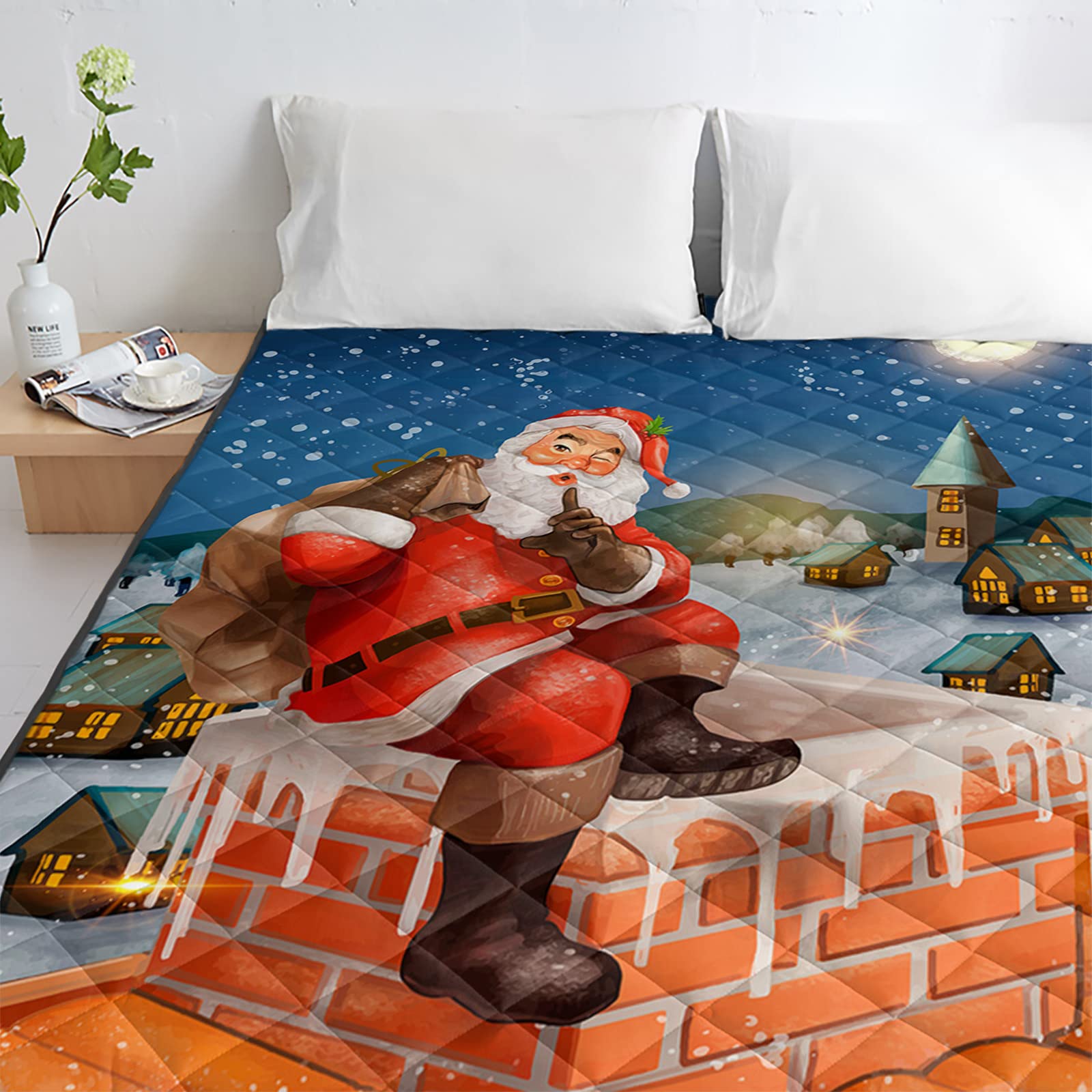 Luxury California King Quilted Comforter - Thin, Soft & Cozy Reversible Bedspread with Christmas Santa Claus & Snow Village Design - All Season Lightweight Quilt Coverlet for Master Bedroom, Guest Room & Holiday Decor