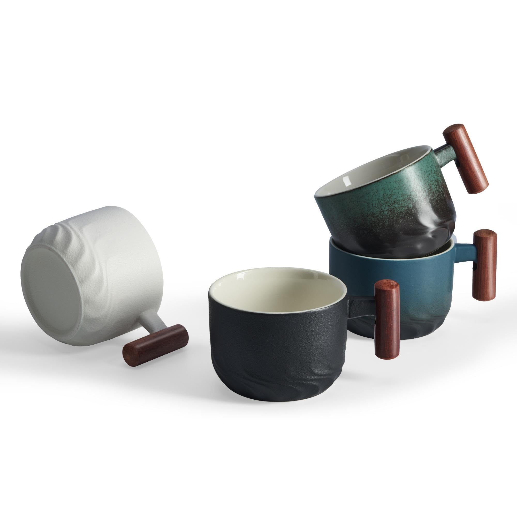 6 Oz Ceramic Espresso Cups with Wooden Handle - Set of 4 Small Coffee Mugs for Latte, Cappuccino, Tea & Hot Beverages - Perfect for Home, Office & Cafe Use