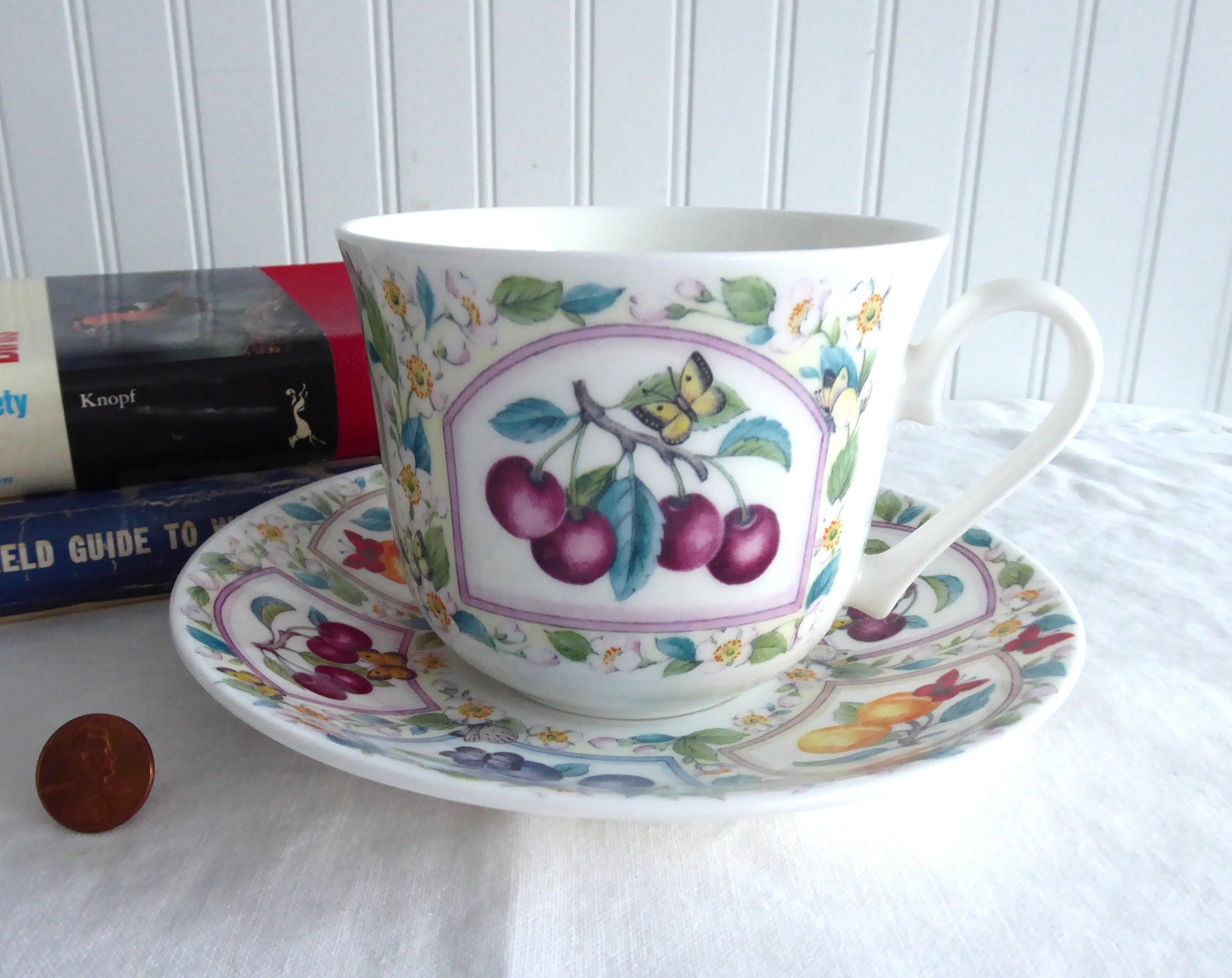 Roy Kirkham Bone China Breakfast Cup and Saucer Set with Prunus Fruit & Butterfly Design - Elegant Tea Set for Morning Coffee, Afternoon Tea, and English Breakfast (6.5 oz)