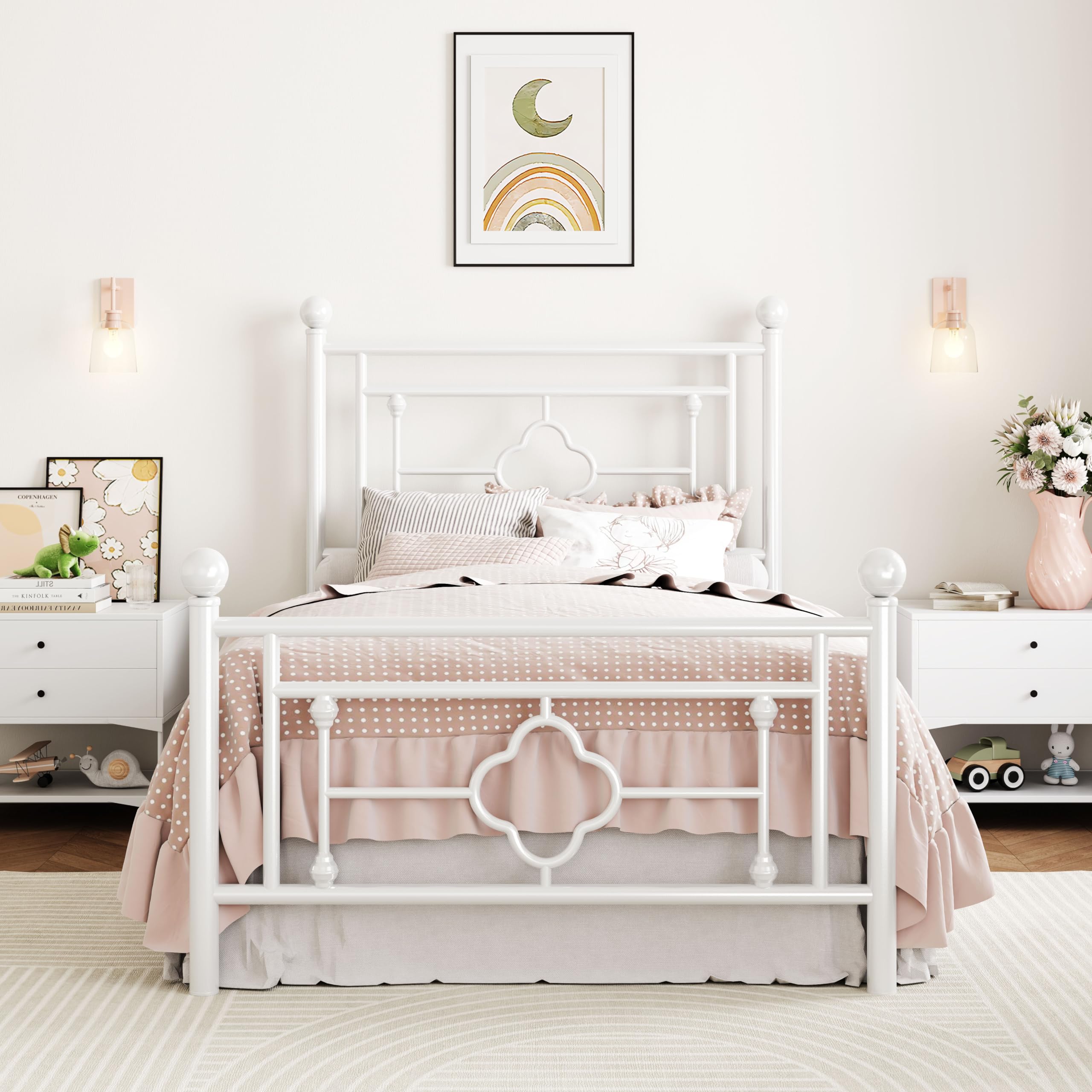14 Inch Twin Size Metal Platform Bed Frame with Vintage Iron-Art Headboard - Sturdy Mattress Foundation, No Box Spring Needed, Noise-Free & Easy Assembly - Perfect for Small Bedrooms, Guest Rooms & Dormitories
