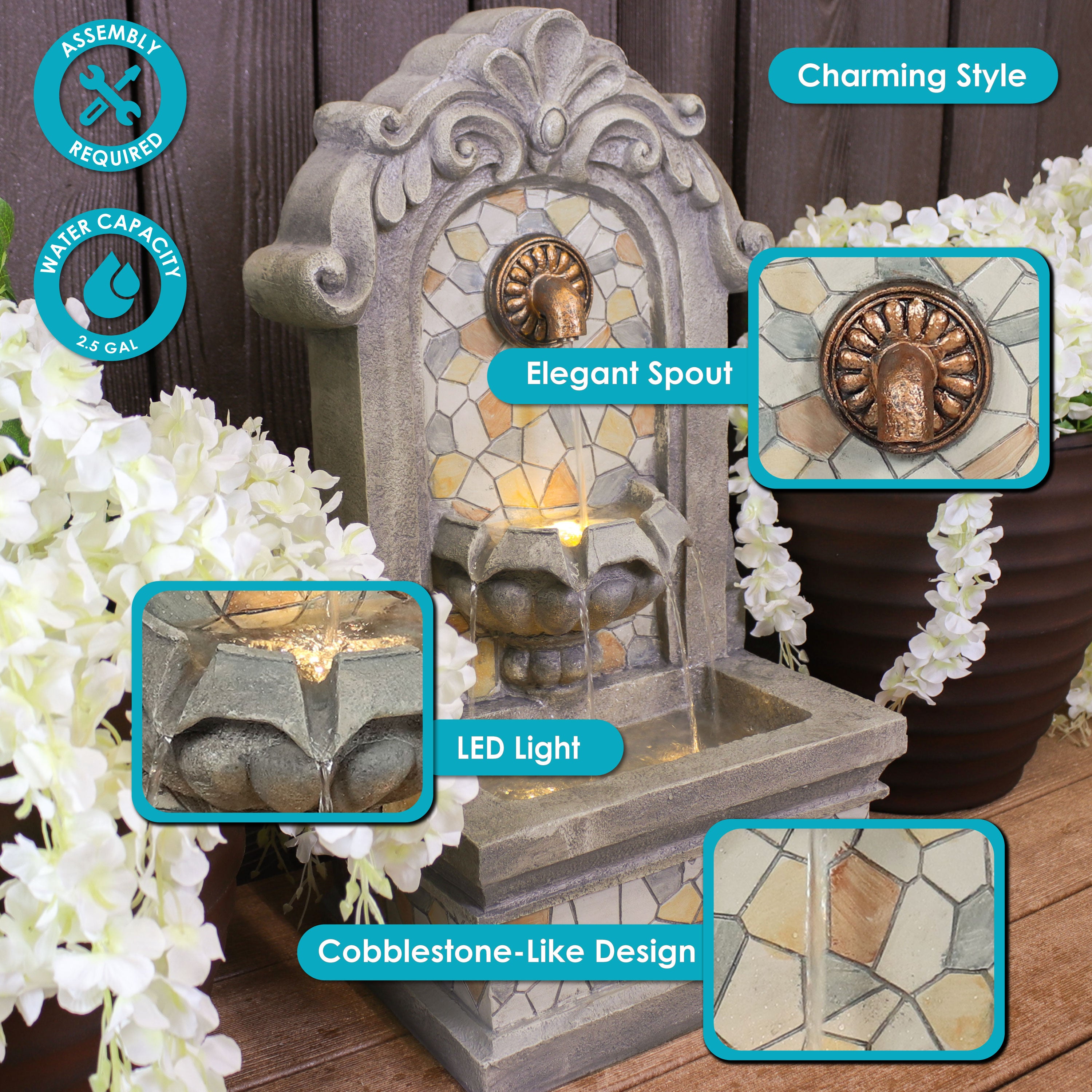 Elegant Polyresin Outdoor Wall Fountain with Flat Back - Perfect for Garden, Patio, and Backyard Decor - Sunnydaze Enchanting Estate Water Feature
