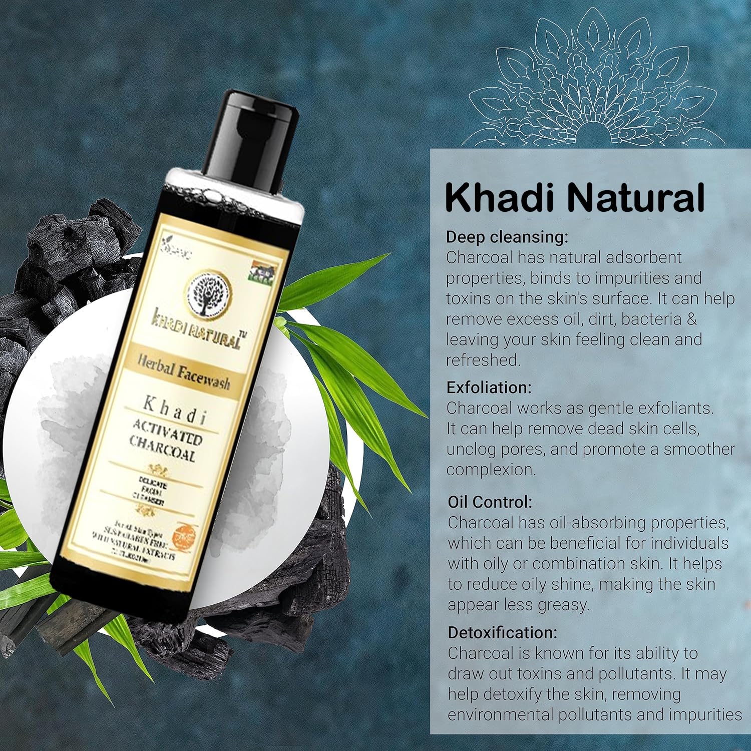 Khadi Natural Activated Charcoal Herbal Face Wash for Men & Women - 210ml | Deep Cleansing & Oil Control | Perfect for Daily Skincare Routine & Acne-Prone Skin