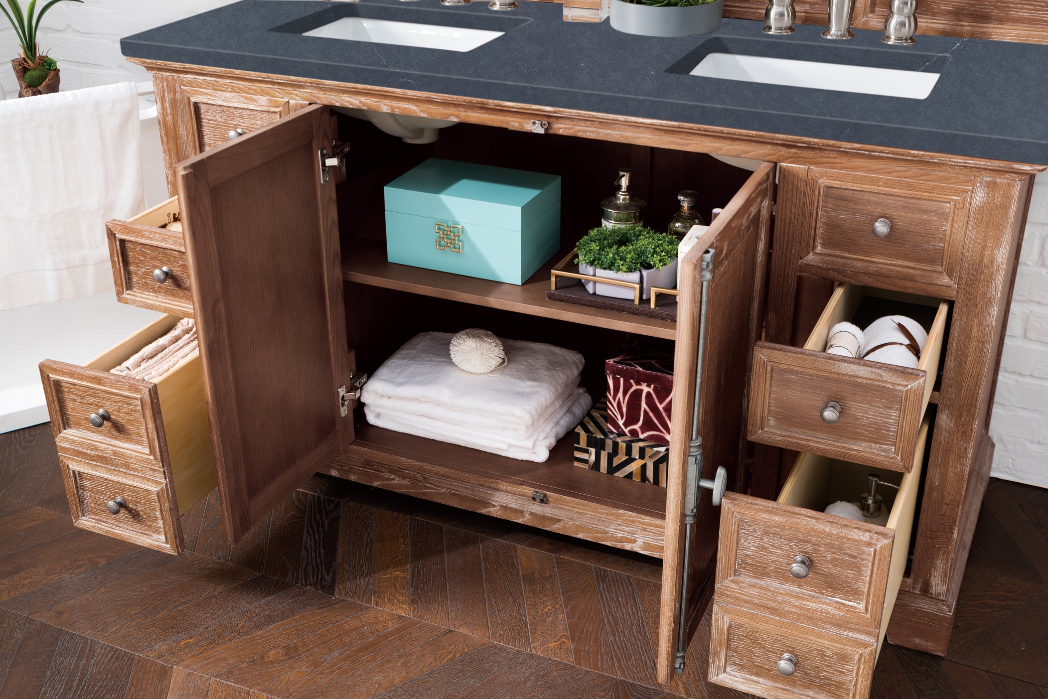 Providence 60-Inch Double Vanity Cabinet in Driftwood Finish with 3CM Charcoal Soapstone Quartz Top - Perfect for Modern Bathroom Renovations and Master Suite Upgrades