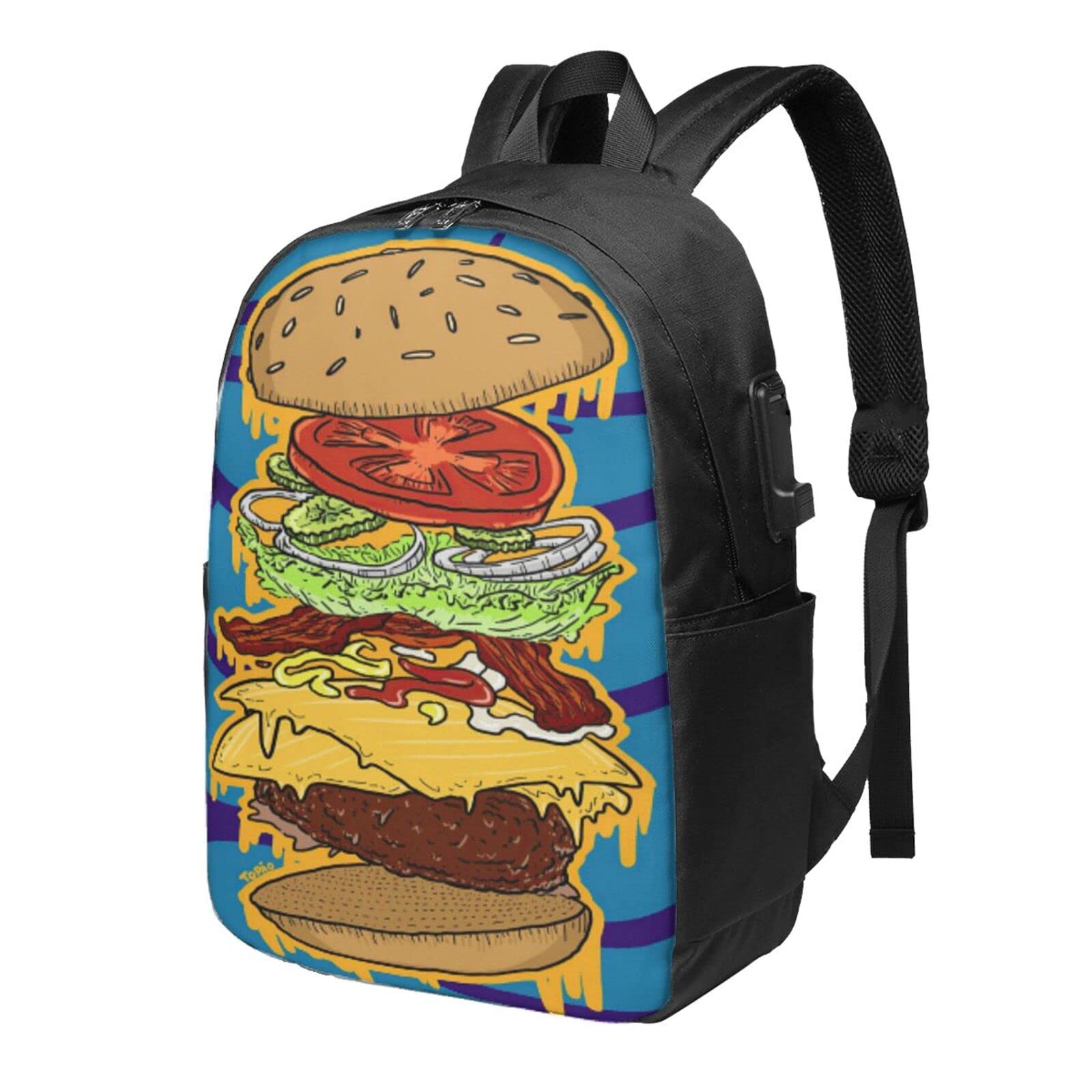 Anti-Theft Water Resistant 17 Inch Laptop Backpack with USB Charging Port - Stylish Cheeseburger Design School & College Bookbag for Men, Women & Teens - Perfect for Business, Travel & Daily Commute