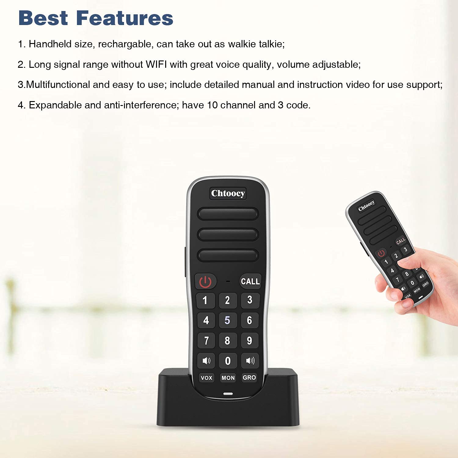 Wireless Intercom System for Home & Office - 1 Mile Range, 10 Channels, Rechargeable Handheld Walkie Talkie, Expandable to Multiple Units (1 Pack, Black) - Ideal for Home Security, Business Communication & Outdoor Activities