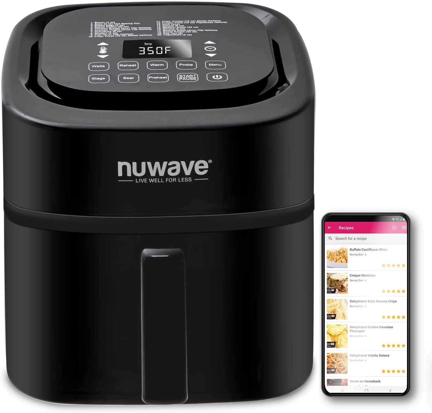 NUWAVE Brio 8-Quart Air Fryer with 1800W Power - Digital Display, Precise 50°F to 400°F Temperature Control - 100 Presets & 50 Memory Slots - Built-in Smart Thermometer & Linear T Technology - Perfect for Healthy Cooking, Family Meals & Quick Snacks