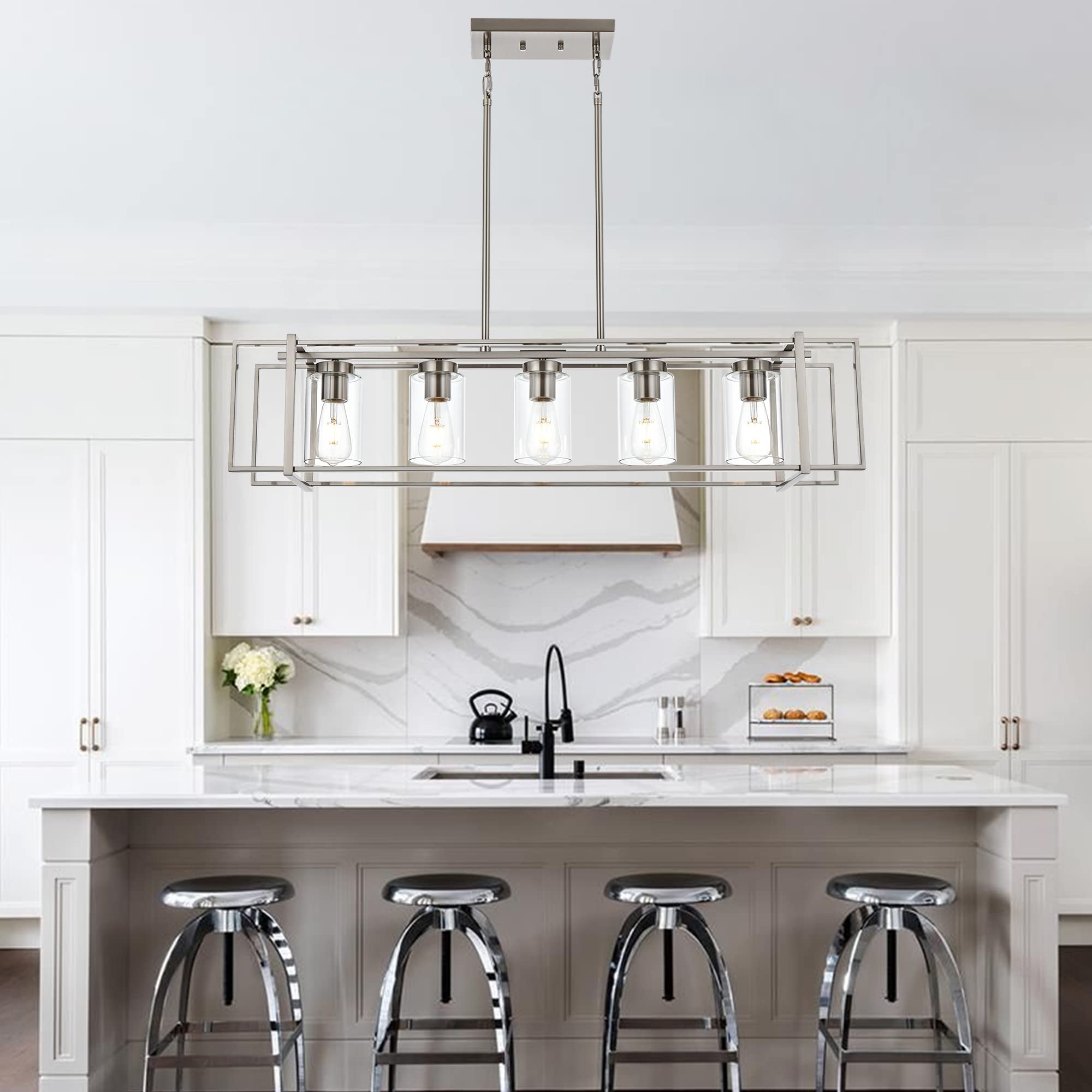 MELUCEE 5-Light Brushed Nickel Rectangular Pendant Light with Clear Glass Shade - Adjustable Height Kitchen Island Lighting & Dining Room Chandelier - Perfect for Modern Farmhouse, Industrial & Contemporary Home Decor