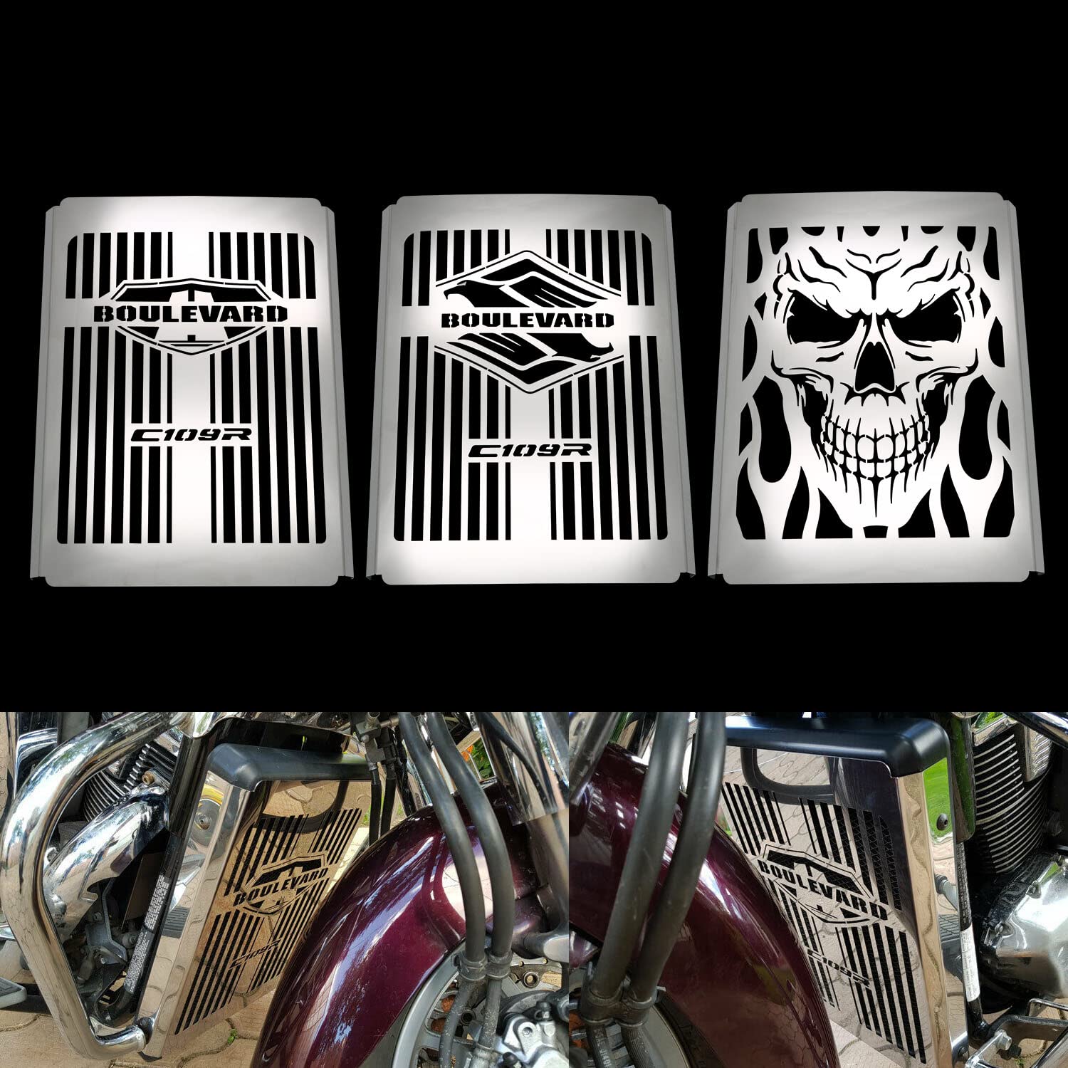 Skull Motorcycle Radiator Grill Cover - Chrome Steel Skull Design for Suzuki Boulevard C109R & Intruder VLR1800 - Heavy Duty Protection (Silver) | Perfect for Custom Bike Upgrades & Harley Style Modifications