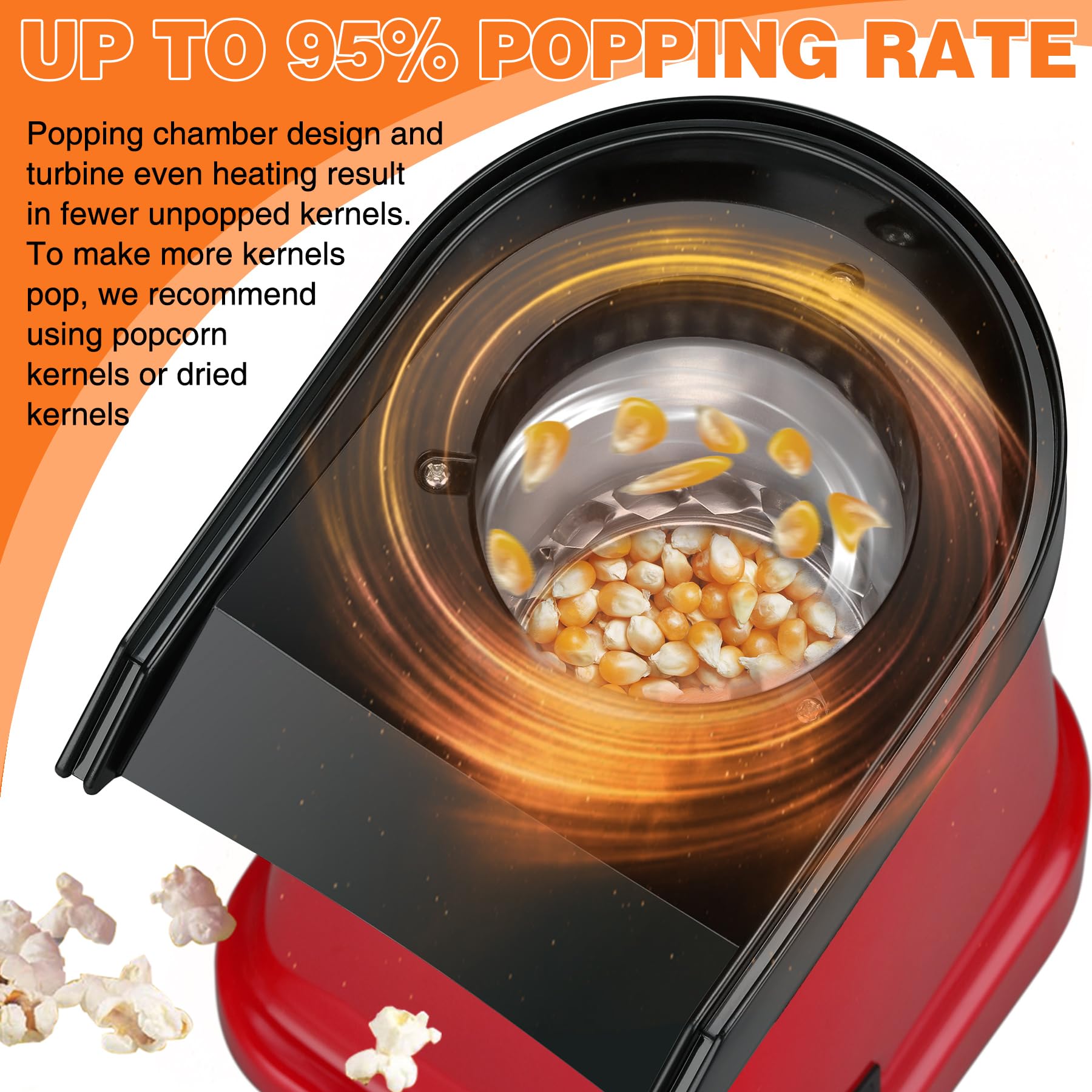 Fast Hot Air Popcorn Popper Machine with 16-Cup Bowl, Measuring Cup & Butter Tray - Quick Healthy Snack Maker for Movie Nights, Parties & Family Gatherings (Red)