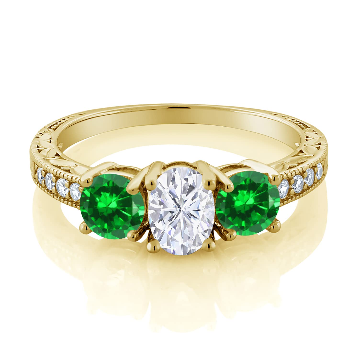 18K Yellow Gold Plated Silver Green Created Emerald & Moissanite Ring Set (2.70 Cttw) - Elegant Jewelry for Women, Perfect for Weddings, Anniversaries & Special Occasions