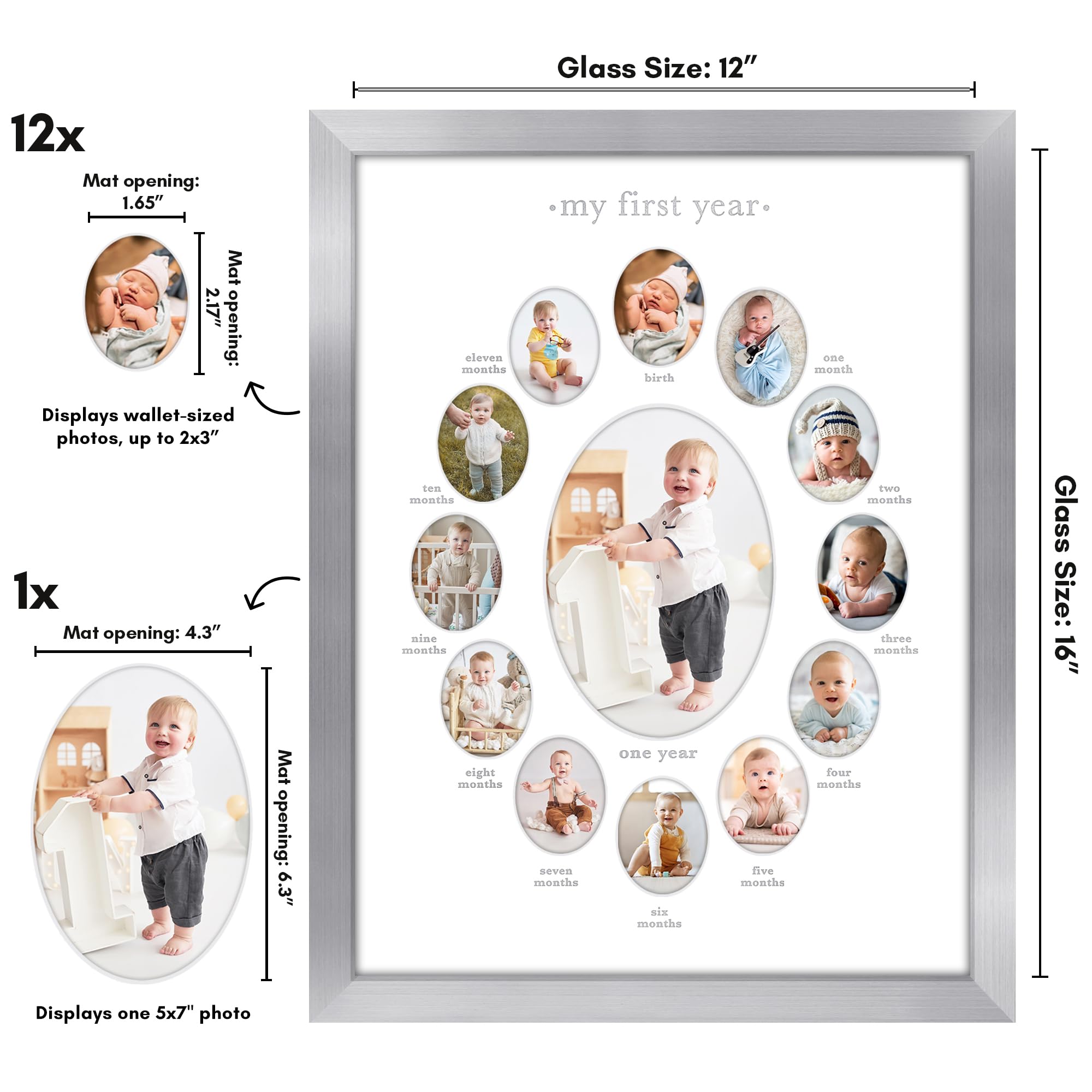 Americanflat 12x16 Shatter-Resistant Glass First Year Photo Frame - Holds Twelve 2x3 & One 5x7 Pictures - Nursery Decor, Baby Shower Gift for New Moms (Silver) | Perfect for Displaying Baby's Milestones in Bedroom or Living Room