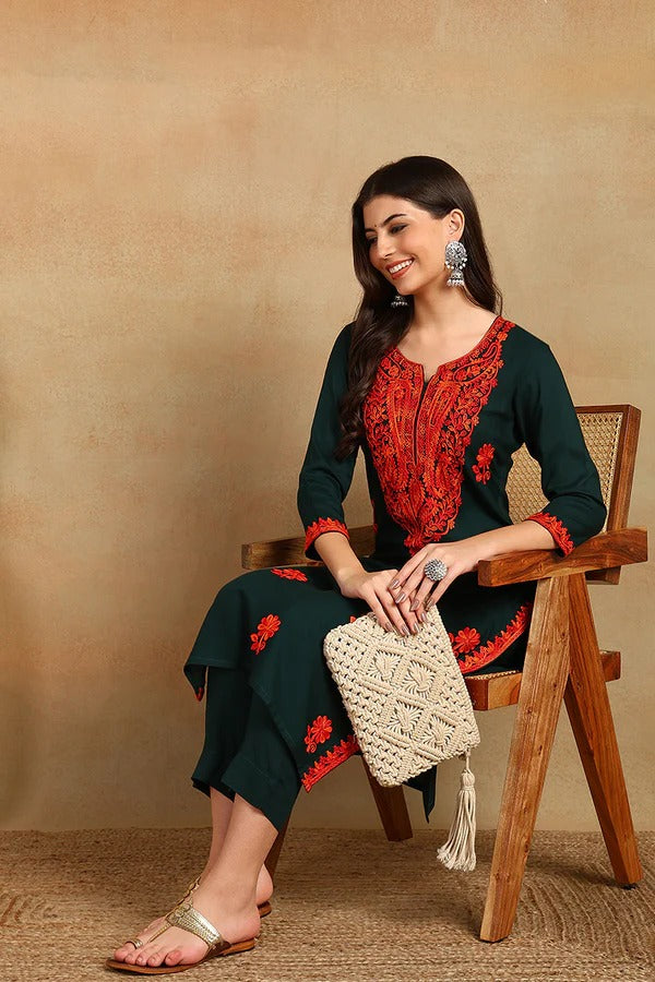 Stylish Green Embroidered Viscose Rayon Straight Cut Kurta for Women | Comfortable Ethnic Tunic Top | Perfect for Festivals, Parties & Casual Wear