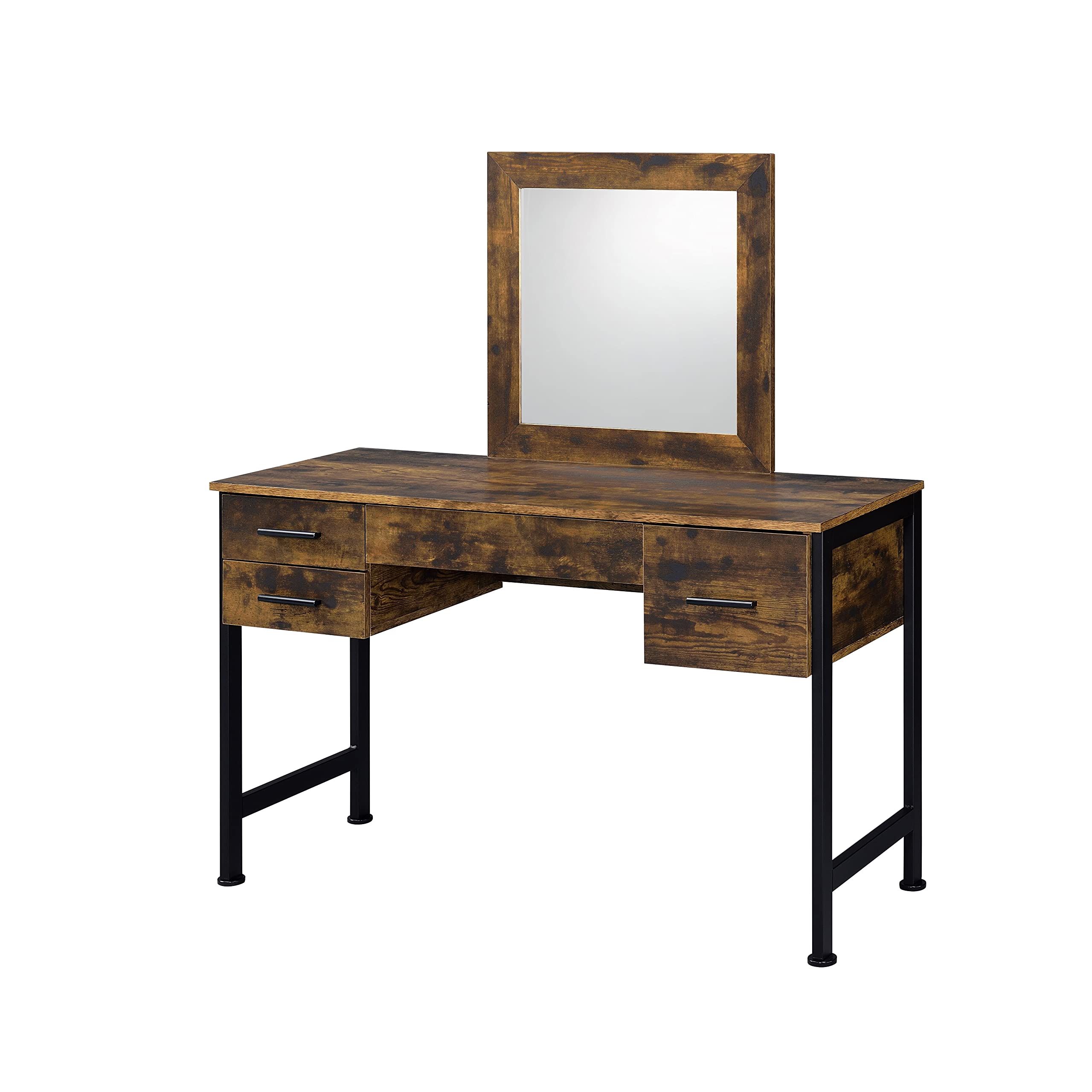 Elountik Industrial Vanity Desk & Mirror Set - Rustic Oak & Black Finish, 4-Drawer Dressing Table for Bedroom & Dressing Room | Perfect for Makeup, Hair Styling & Home Decor