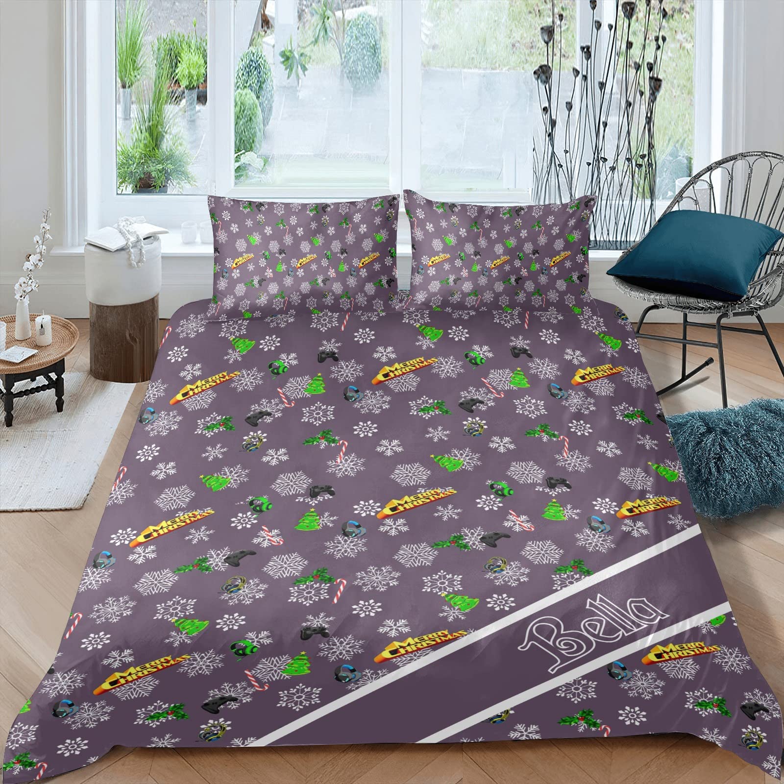 Personalized Merry Christmas Gamers Duvet Cover Set with Name - Queen Size (No Comforter) - Includes 2 Pillowcases - Perfect Gift for Gamers, Family & Friends - Ideal for Holiday Decor & Cozy Gaming Setup
