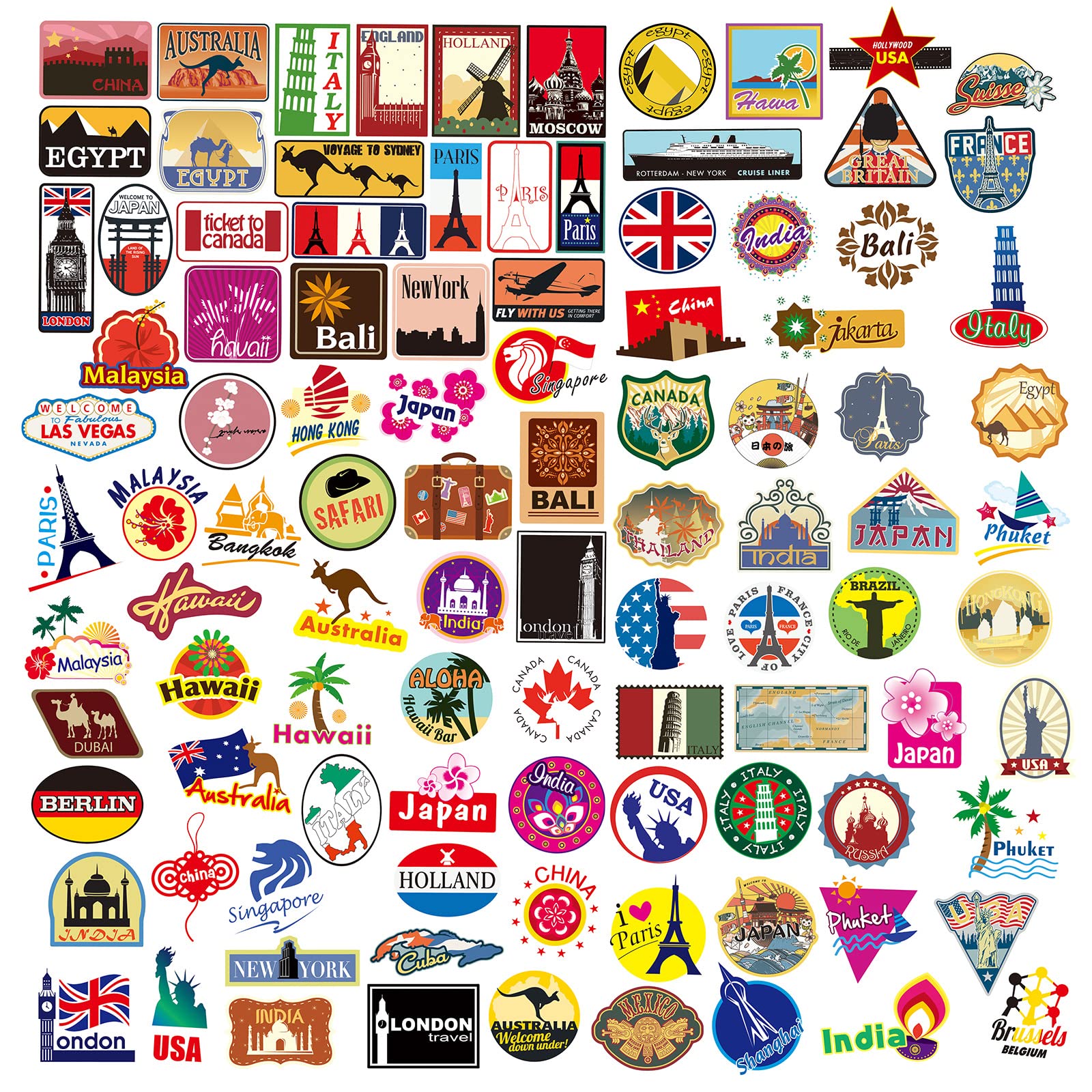 100 Travel Maps Stickers - World Famous Landmarks & Country City Logo Decals for Suitcase, Laptop, Skateboard, Bicycle & Scrapbook - Perfect for Travel Enthusiasts, DIY Projects & Personalizing Your Belongings