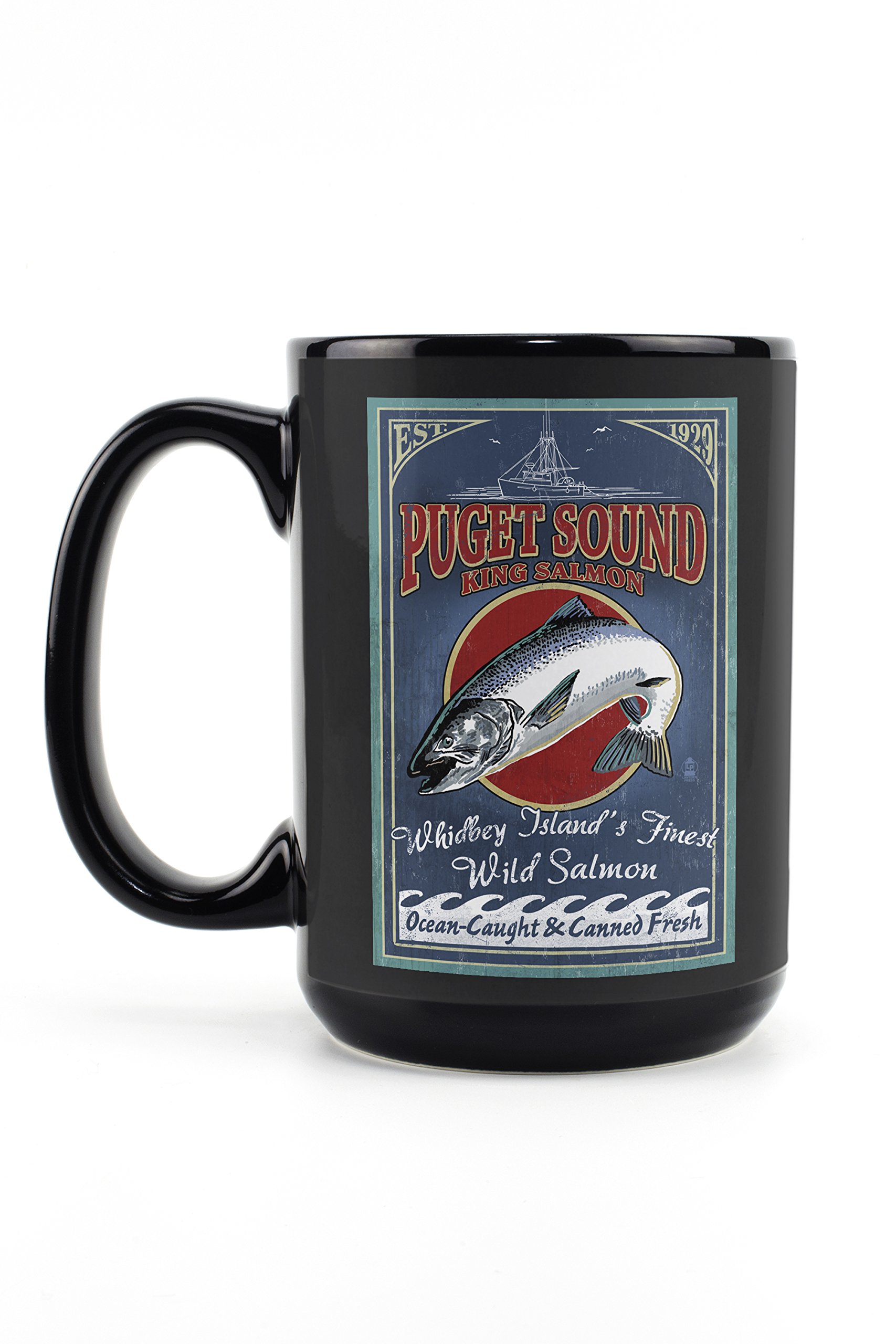 Lantern Press Whidbey Island Washington Salmon Vintage Sign Mug - 15oz Black Ceramic Coffee & Tea Cup, Dishwasher & Microwave Safe - Perfect for Home, Office & Camping Use