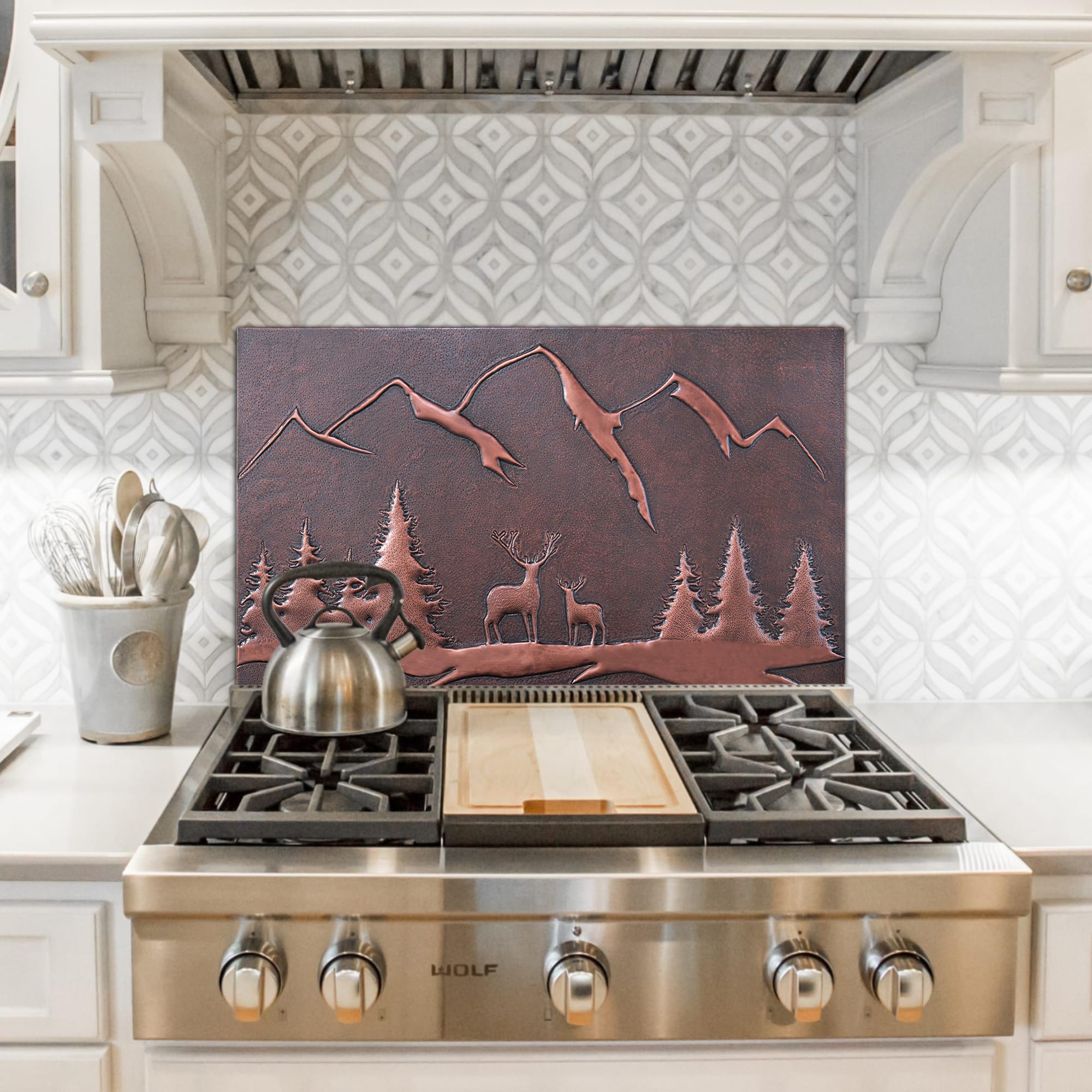 Handmade Copper Backsplash Tile - Nature Scene with Mountains & Deer Forest Design - Indoor & Outdoor Kitchen Wall Decor - Perfect for Rustic & Modern Home Décor (Brown)