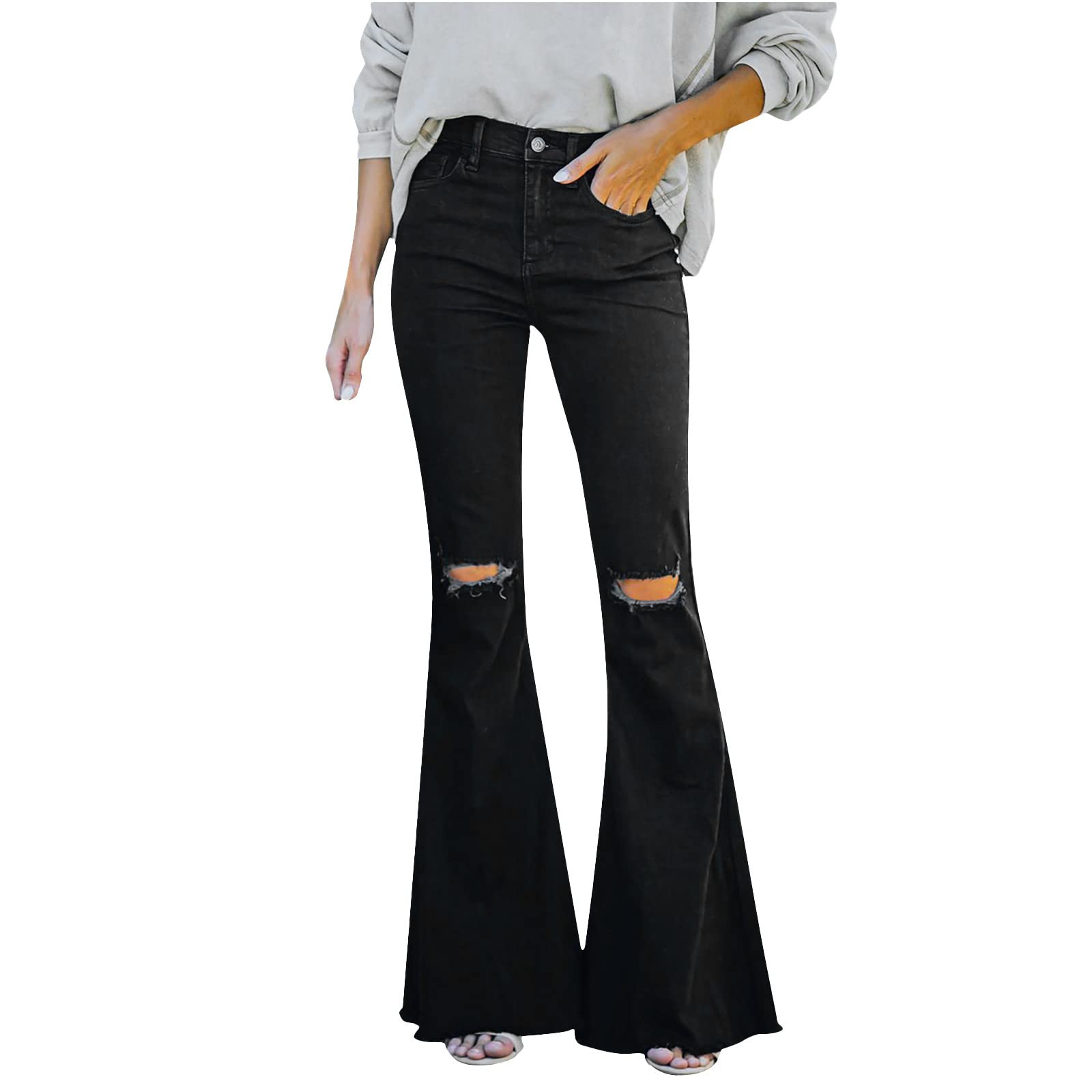 QTOCIO Women's High Waist Ripped Flare Jeans - Bootcut Bell Bottom Denim Pants with Butt Lifting Design & Distressed Holes | Perfect for Casual Outfits, Date Nights & Vintage Fashion Looks