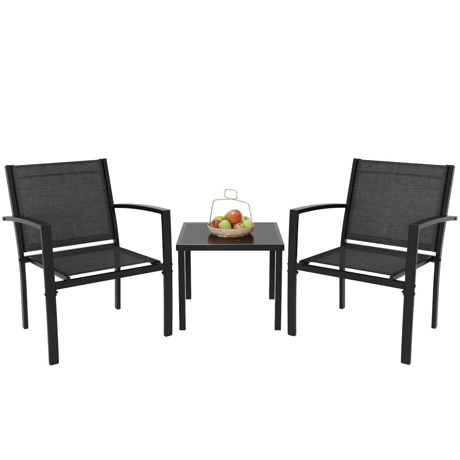 Greesum 3-Piece Outdoor Patio Furniture Set with Textilene Fabric Chairs & Glass Coffee Table - Perfect for Lawn, Garden, Balcony, Poolside Relaxation and Entertaining