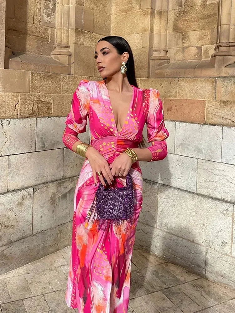 Vintage Tye Dye Print Pleated Bodycon Maxi Dress for Women - Long Sleeve V-Neck A-Line Party Dress - Perfect for Holiday Celebrations, Festivals, and Evening Events