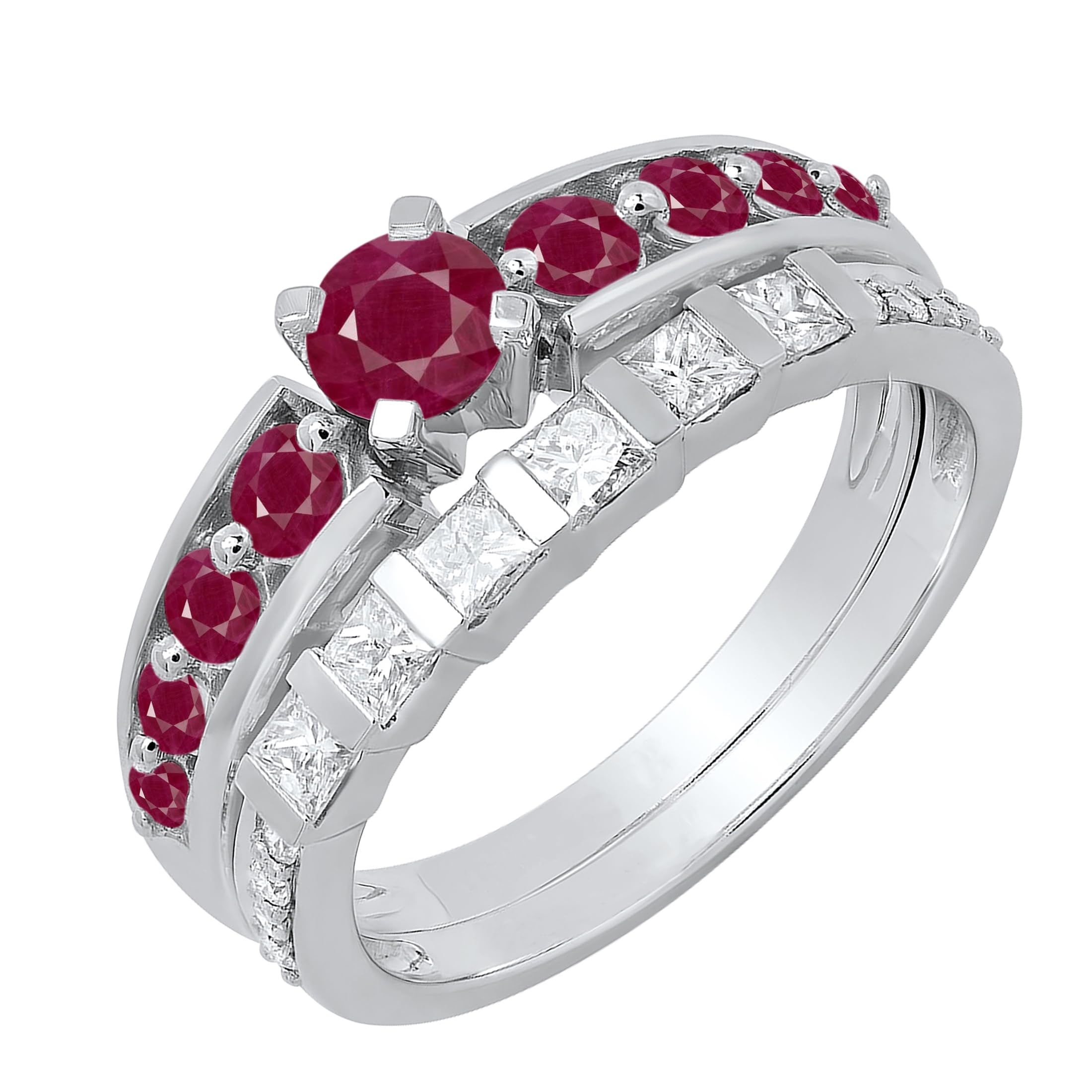 Dazzlingrock Princess & Round Cut White Diamond and Ruby Bridal Engagement Ring Set for Women - 10K Solid White Gold - Perfect for Proposals, Weddings & Anniversary Gifts