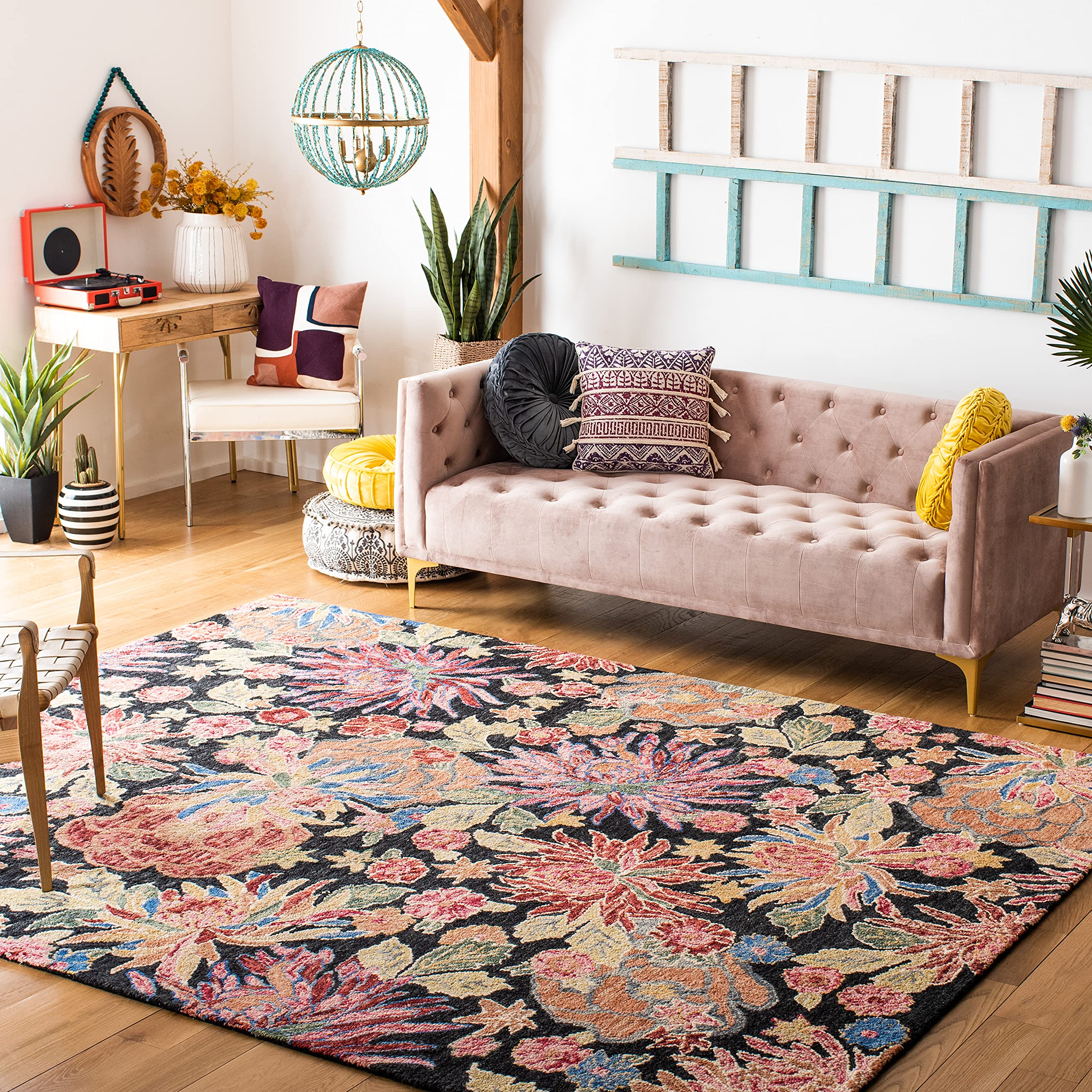 SAFAVIEH Jardin Collection 6'x6' Square Charcoal & Red Floral Handmade Wool Cotton Area Rug - Perfect for Living Room, Bedroom & Home Decor