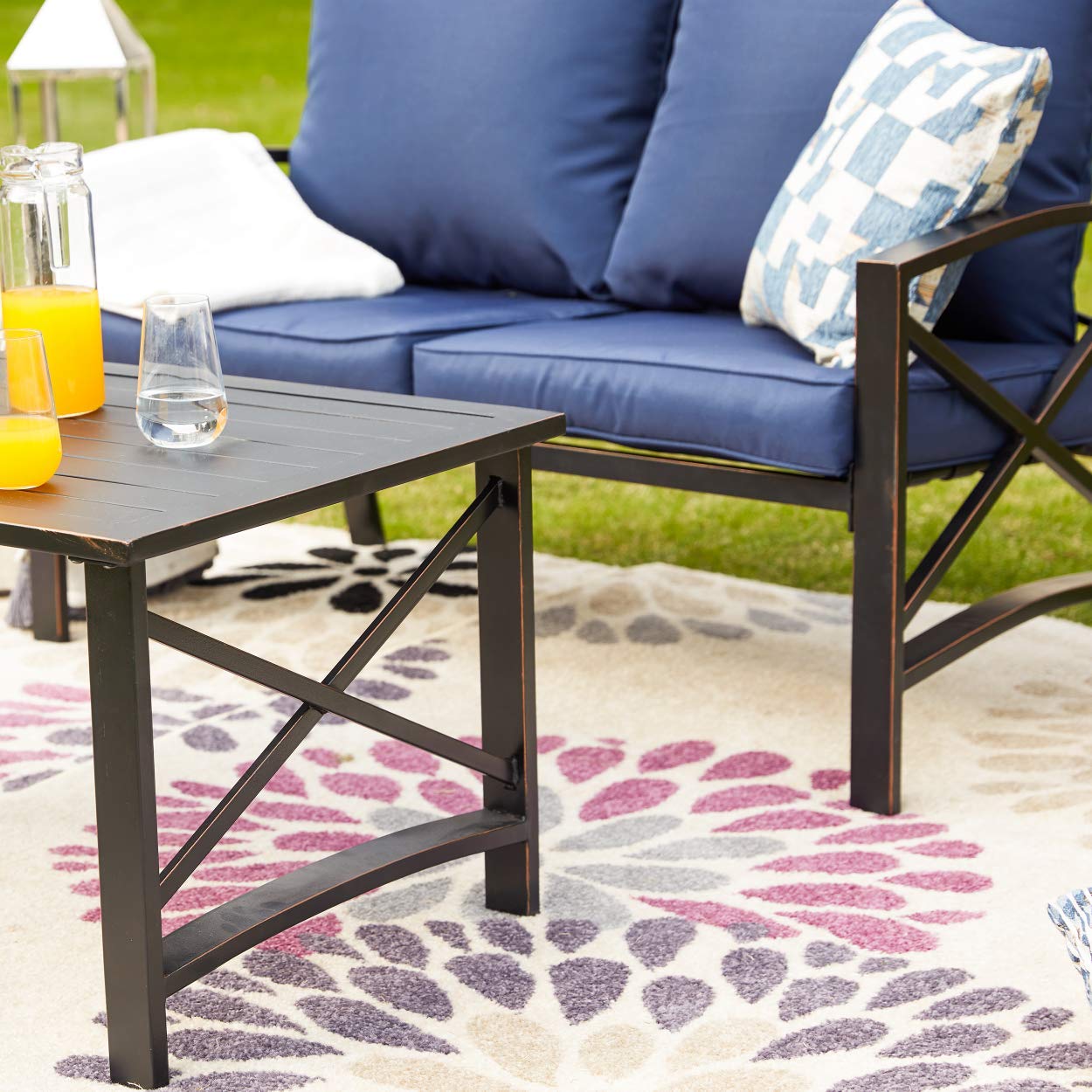 LOKATSE HOME 2-Piece Outdoor Patio Loveseat Set with Cushions - Metal Conversation Chairs & Coffee Table in Blue - Perfect for Garden, Backyard, and Poolside Relaxation